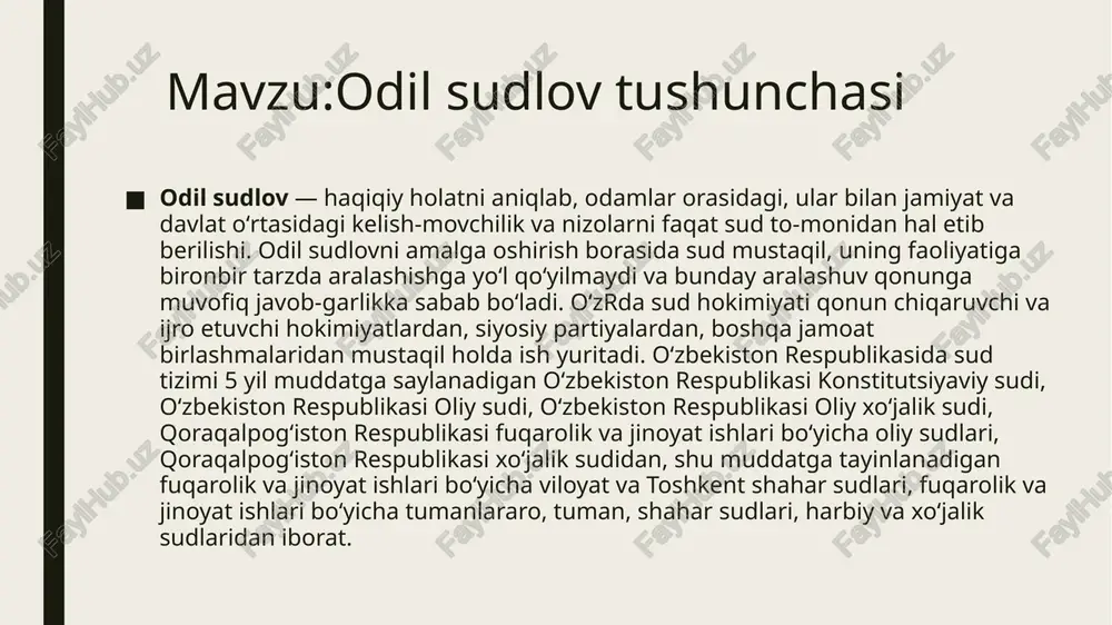 arining tengligi qonunda mustahkamlab qoʻyildi. oʻzbekiston respublikasi konstitutsiyaning sud hoki-miyatiga bagʻishlangan qoidalari odil sudlovni tashkil etish, sud organlarining davlat mexanizmidagi va jamiyatning siyosiy tizimdagi roli va oʻrni haqidagi masalalarga doir qonunchilik uchun negiz hisoblanadi. prezident islom karimov uqtirganidek, sud islohotini chuqurlashtirish, hokimiyatning mustaqil va qaram boʻlmagan tarmogʻi sifatida butun odil sudlov tizimini demokratlashtirish — huquqiy davlatni mustahkamlashning yana bir muhim yoʻnalishidir. ijtimoiy turmushning demokratik instituti tariqasida sudning ahamiyati jiddiy ravishda oshirilishi zarur. odil sudlovni amalga oshirishning konstitutsiyaviy asoslari 1992 yil 8 dekabrda qabul qilingan mamlakatimiz konstitutsiyasi mustqillikning o‘tgan yigirma to‘rt yillik tarixiy davrida amalga oshirilgan demokratik, liberal va insonparvar islohotlarning hamda ularning qonunchilik asoslarini yaratishning mayog‘i va bosh huquqiy asosi, inson huquq va erkinliklarini ishonchli himoya qilishning kafolati bo‘lib xizmat qilmoqda. demokratik huquqiy davlatning muhim tarkibiy qismi bo‘lgan sud-huquq tizimini chuqur isloh etish va inson huquqlarini ta’minlash davlat siyosatining ustuvor yo‘nalishi sifatida belgilanib, uning qonunchilik asoslari ham konstitutsiyamiz tamoyillari va …