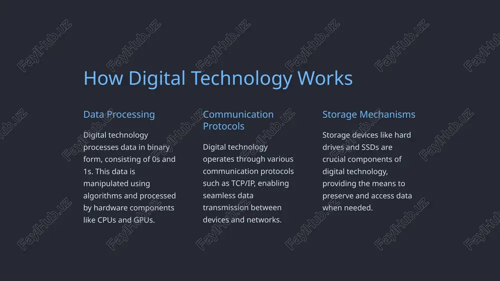 logy drive novel solutions and improvements across industries. 5 disadvantages of digital technology cybersecurity risks the digital landscape is susceptible to data breaches, identity theft, and cyberattacks. technological dependence overreliance on digital tools and systems may lead to reduced critical thinking and problem-solving skills. digital divide unequal access to digital resources creates disparities in education and economic opportunities. 6 current trends in digital technology 5g networks ultra-fast connectivity 5g technology enables rapid data transmission and supports emerging applications like iot and ar/vr. big data analytics insightful data processing advanced analytical tools harness large datasets to extract valuable insights for business and research. 7 future of digital technology artificial intelligence expansion into various sectors, enhancing automation and decision-making capabilities. blockchain technology revolutionizing security, transparency, and trust in financial transactions and data management. quantum computing potential for solving complex problems and accelerating scientific discoveries. 8 ethical considerations in digital technology data privacy …