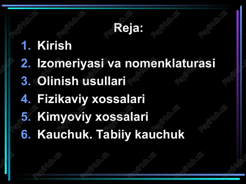 oliz qilinganda ham oz miqdorda divinil hosil bo`ladi. sanoat miqiyosida divinil olish usulini s.v. lebedev (1927-1931 y) ishlab chiqqan bo`lib bu usulga ko`ra etil spirt yuqori temeraturada (400 – 5000) bug`ga aylantiriladi va qizdirilgan katalizator ustidan o`tkaziladi. reaksiya natijasida divinil, suv va vodorod hosil bo`ladi: etil spirtdan s.v. lebedev usuliga ko`ra divinil hosil qilish reaksiyasi mexanizmini m.ya. kagan va yu.a. gorinlar quyidagicha tushuntiradilar: 2sn3 –sn2on  2sn3 – sno + 2n2 sirka aldegid sn3 – sno + sn3sno  sn3 – sn = sn – sno + n2o laboratoriyada izopren skipidar(dipenten) bug`ini piroliz qilib olinadi: skipidar ( dipenten) izopren izopentan yoki izopentenga galogen (masalan, brom) ta`sir ettirib, 2,3–dibrom–2–metilbutan hosil qilinadi. undan bromid kislota ajratib olinadi va yana qaytadan biriktiriladi. hosil bo`lgan dibrom– 2 – metilbutandan bariy xlorid vositasida yana bromid kislota ajratib olinsa izopren hosil bo`ladi. fizikaviy xossalari. divinil oddiy sharoitda gaz, qaynash temperaturasi-450, suyuqlanish temperaturasi –108,90. izopren, dimetilbutadien, xloropren …