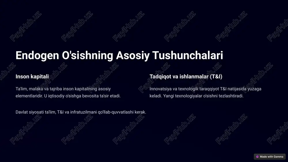 i. afzalliklari inson kapitalining o'sishga ta'sirini aniqlash. lucas modeli ta'limning iqtisodiy o'sishga ta'sirini ko'rsatadi. ta'lim investitsiyalari jamiyatga foyda keltiradi. 6 aghion va howitt modeli (ijodiy buzilish) 1 asosiy g'oyalar innovatsiyalar orqali eski texnologiyalarning o'rnini bosishi. 2 raqobatning roli raqobat innovatsiyalarni rag'batlantiradi. 3 afzalliklari innovatsiyalarning dinamik ta'sirini tushuntirish. aghion va howitt modeli innovatsiyalarning dinamik ta'sirini tushuntiradi. ijodiy buzilish orqali eski texnologiyalar yangilari bilan almashtiriladi. 7 endogen o'sish nazariyalarining iqtisodiy siyosatga ta'siri 1 ta'lim siyosati umumiy va oliy ta'limni rivojlantirish. 2 t&i siyosati ilmiy tadqiqotlarni qo'llab-quvvatlash. 3 infratuzilma siyosati transport va energetika infratuzilmasini rivojlantirish. endogen o'sish nazariyalari iqtisodiy siyosatga katta ta'sir ko'rsatadi. o'zbekistonda iqtisodiy siyosatning ustuvor yo'nalishlari belgilangan. 8 o'zbekistonda endogen o'sishni qo'llab-quvvatlash 100+ it park rezidentlari 30% it sohasidagi o'sish 50+ startaplar o'zbekistonda it park rezidentlari uchun yaratilgan imtiyozlar endogen o'sishni qo'llab-quvvatlashga qaratilgan. ta'lim sohasidagi islohotlar davom etmoqda. 9 xulosa nazariyalarning ahamiyati endogen o'sish nazariyalarining ahamiyati katta. o'zbekiston uchun saboqlar o'zbekiston …