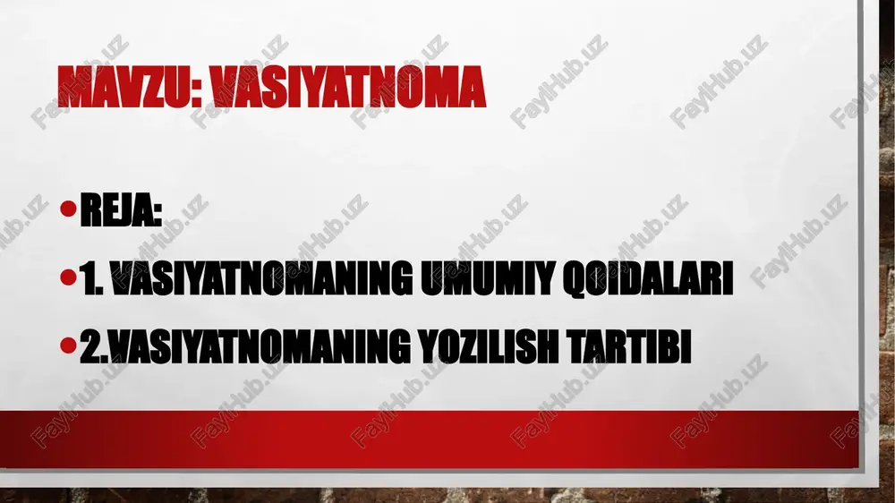 ini yo‘q qilib tashlash yo‘li bilan bekor qilinishi mumkin. yangi vasiyatnoma tuzish orqali oldin tuzilgan vasiyatnoma to‘laligicha yoki uning keyingi vasiyatnomaga zid bo‘lgan qismi bekor qilinadi. fuqaroning o‘ziga tegishli mol-mulkni yoki bu mol-mulkka nisbatan huquqini vafot etgan taqdirda tasarruf etish xususidagi xohish-irodasi vasiyat deb e’tirof qilinadi. vasiyatnoma shaxsan tuzilishi lozim. vasiyatnomaning vakil orqali tuzilishiga yo‘l qo‘yilmaydi. fuqaro o‘zining barcha mol-mulkini yoki uning muayyan qismini qonun bo‘yicha merosxo‘rlar doirasiga kiradigan, shuningdek kirmaydigan bir yoki bir necha shaxsga, shu bilan birga yuridik shaxslarga, davlatga yoki fuqarolarning o‘zini o‘zi boshqarish organlariga vasiyat qilishi mumkin. vasiyat qiluvchi qonun bo‘yicha merosxo‘rlardan bittasini, bir nechasini yoki hammasini izoh bermagan holda merosdan mahrum qilishga haqli. qonun bo‘yicha merosxo‘rni merosdan mahrum etish, agar vasiyatnomadan boshqa hol kelib chiqmasa, bu vasiyat qiluvchining taqdim etish huquqi bo‘yicha vorislik qiladigan avlodlariga nisbatan tatbiq etilmaydi. meros qoldiruvchi har qanday mol-mulk to‘g‘risidagi farmoyishni o‘z ichiga oladigan vasiyatnoma tuzishga haqli. vasiyat qiluvchining xohishiga ko …