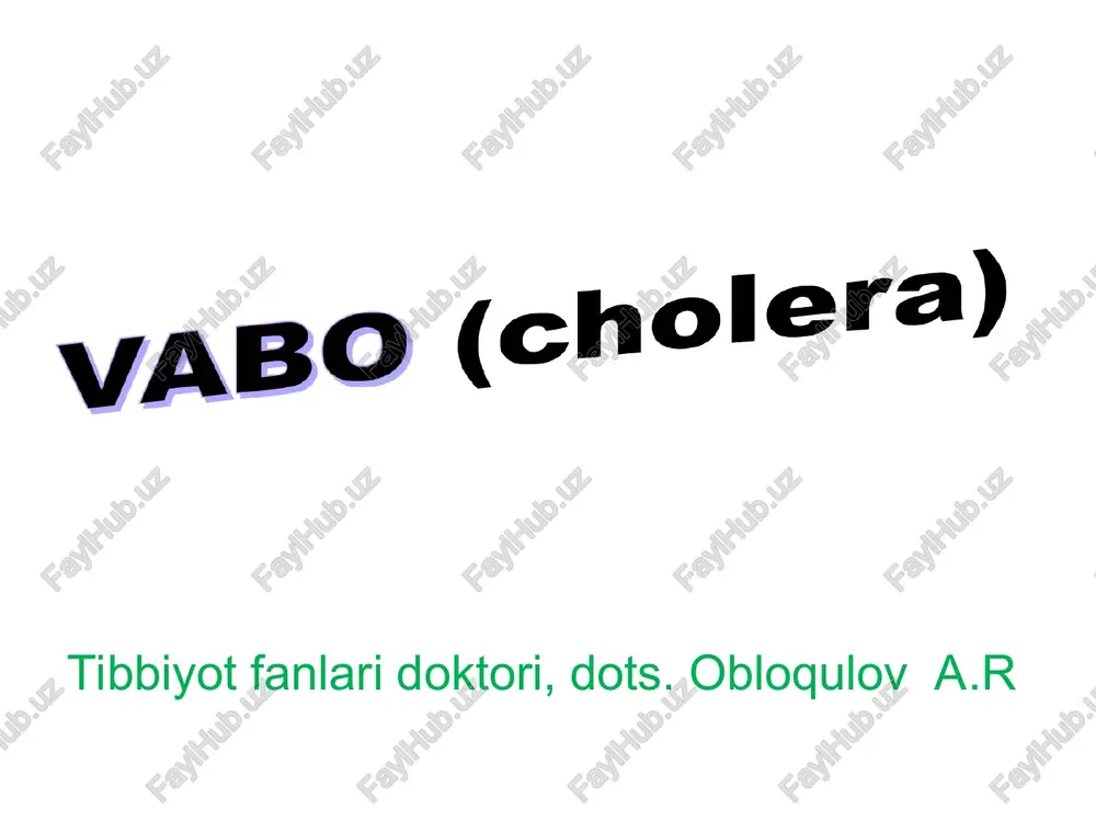 yoki bilvosita kontakt xashoratlar, kemiruvchilar orkali aralash patogenezi vabo toksini ta'sirida ichak shirasi (soki) sekretsiyasining oshishi kutarilish kutarilish vabo toksini vabo vibrionining toksinlari adenilat tsiklaza atf ingichka ichak epiteliy xujayralarida 31 – 51 amfning mikdori ichak shirasi (soki) sekretsiyasi fosfodiestraza amf immuniteti tipospetsifik etarli darajada mustaxkam kamdan-kam xollarda kaytadan kasallanish mumkin vaktsinatsiyadan keyingi sun'iy immunitet chidamsiz tasnifi (g.p.rudnev) i. tipik kechganda: enterit shakli. gastroenterit shakli. algid shakli: a) reaktiv fazasi→ sogayish b) asfiktiv fazasi→ vabo komasi→ ulim xolati ii. atipik kechganda: kuruk vabo. yashinsimon vabo. bilinar-bilinmas shakli. bakteriya tashuvchi. el-tor vaboning asosiy klinik simptomlari yashirin davri bir necha soatdan 5 kungacha, urtacha 2-3 sutka, ayrim xollarda 10 kungacha utkir boshlanadi 1- klinik simptom – ich ketish tipik vaboda najas kurinishi suvsimon, xira, okimtir suyuklik, guruch suvi (kaynatmasi)ni eslatadi, xidsiz ich kelishi kasallikning kechish ogirligiga boglik (sutkasiga 3-5 martadan sanab bulmaydigan darajagacha) kup mikdorda takroriy kungil aynimasdan ogzi tulik ochilgan xolda …