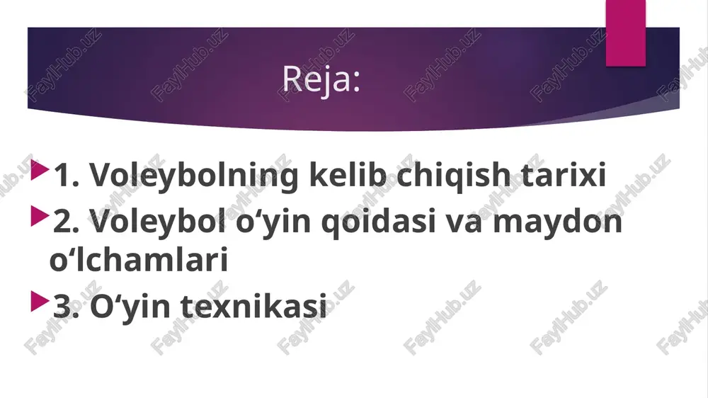 (federation internationale de volleyball (fivb)). uning birinchi prezidenti etib fransiyalik pol libo saylandi. 1964-yili tokio olimpiya o‘yinlarida voleybol bo‘yicha birinchi marta turnir bo‘lib o‘tdi, unda 10 ta erkaklar va 6 ta ayollar jamoasi qatnashdi voleybol o‘yin qoidasi va maydon o‘lchamlari voleybol o‘yin maydonining o‘lchami 18x9 m bo‘lib, to‘rning balandligi har xil yoshdagilar uchun quyidagicha bo‘ladi: qizlar uchun 220sm, ayollar uchun 224sm, o‘smirlar uchun 240sm, erkaklar uchun 243 sm. to‘rning uzunligi 10 m, eni 1 metr. to‘rning har bir kataklari 10x10 sm bo‘ladi. yon chiziqning yuqori qismini belgilab turuvchi antenaning uzunligi 1 m 80 sm, ya'ni to‘rning yuqori qismidan 80 sm balandlikda bo‘lishi kerak voleybol o‘yinida har bir jamoada 6 tadan o‘yinchi asosiy tarkibda maydonga tushadi. o‘yin 5 ta bo‘limdan iborat bo‘lib, 1,2,3,4-bo‘limlar 25 ochkogacha o‘ynaladi, oxirgi 5-bo‘lim 15 ochkogacha bo‘ladi. agar o‘yin teng kurashlar ostida o‘tsa, u holda u yoki bu jamoa 2 ta ochko farqi bilan bo‘limni yutishi kerak, …
