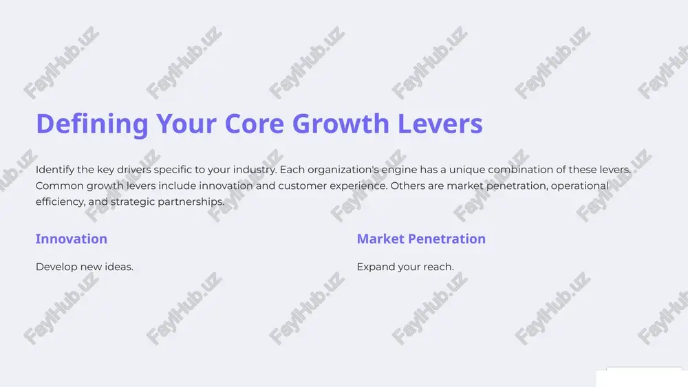rtners 2 negotiate terms 3 execute plan 7 case study: growth engine in action analyze how a company effectively combines multiple levers. quantify their success with specific financial metrics. metrics include revenue growth and market share increase. 1 strategic partnerships 2 innovation 3 customer experience 8 building your growth engine define your goals, identify key levers, and create a roadmap. establish clear metrics and kpis for each lever. implement monitoring, evaluation, and continuous improvement. 1 define goals 2 identify levers 3 measure progress 9 ignite your growth: next steps assess current drivers, identify gaps, and prioritize initiatives. take actionable steps to improve performance. realize the potential for sustainable growth. 1 assess 2 identify 3 prioritize 10 image1.png image2.png image3.jpeg image4.png image5.png image6.png image7.jpeg image8.png image9.png image10.png image11.png image12.png image13.jpeg image14.jpeg image15.png image16.png image17.png image18.jpeg image19.jpeg @ made with gamma ie