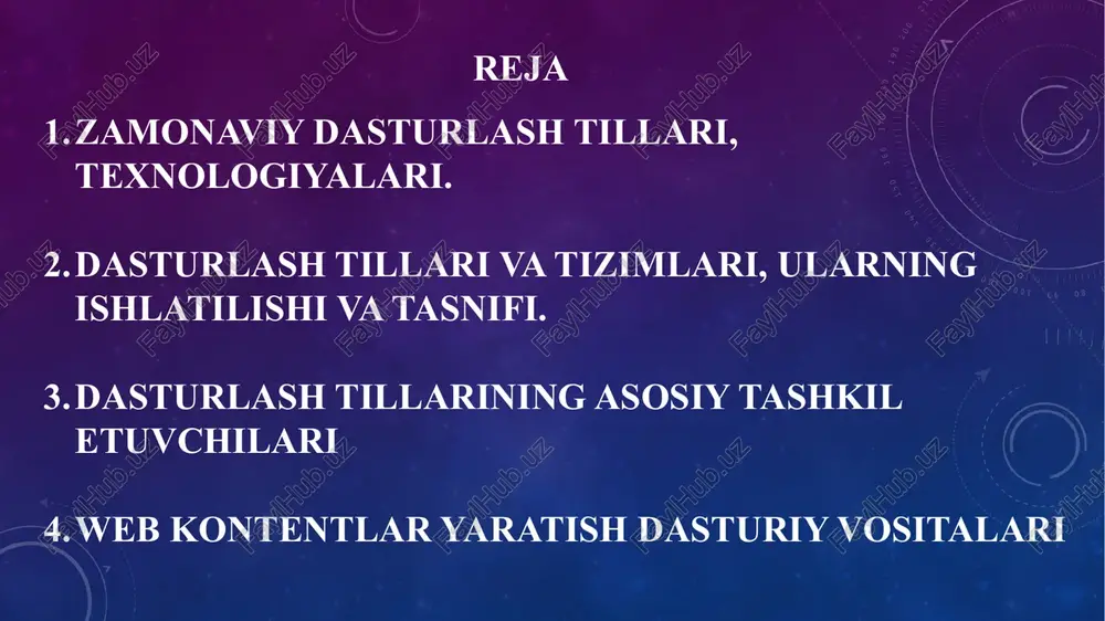 di va olamga ta’sir etishni boshlaydi. bunda qayd etish lozimki, dasturlash — amaliy va nazariy uslublarni amalga oshiruvchi vositalardir. dasturlash tilining alifbosi quyidagilardan iborat c++ tilida ma’lumotlarning elementlari c++ tilida soʼz deb bir nechta belgilar ketma-ketligi tushuniladi. xizmatchi soʼz deb c++ tilidagi standart nom tushuniladi. bu maxsus maʼnoni anglatadi va uni maʼlumotlarga berib boʼlmaydi. masalan: int, float, for, while va boshqalar. c++ tilida maʼlumotlarning elementlari boʼlib quyidagilar xizmat qiladi: c++ dasturlash tilida o’zgaruvchilar oʼzgaruvchi - xotiraning nomlangan qismi boʼlib, oʼzida maʼlum bir toifadagi qiymatlarni saqlaydi. oʼzgaruvchining nomi va qiymatlari boʼladi. oʼzgaruvchining nomi orqali qiymat saqlanayotgan xotira qismiga murojaat qilinadi. programma ishlashi jarayonida oʼzgaruvchining qiymatini oʼzgartirish mumkin. har qanday oʼzgaruvchini ishlatishdan oldin, uni eʼlon qilish lozim. demak butun sonlardan foydalanish uchun int, haqiqiy sonlardan foydalanish uchun float, yozuvlarni eʼlon qilish uchun string va boshqa maʼlumotlarning turlariga qarab oʼzgaruvchisilar kiritiladi. masalan: int a; float b; string c; double f; c++ dasturlash tilida …