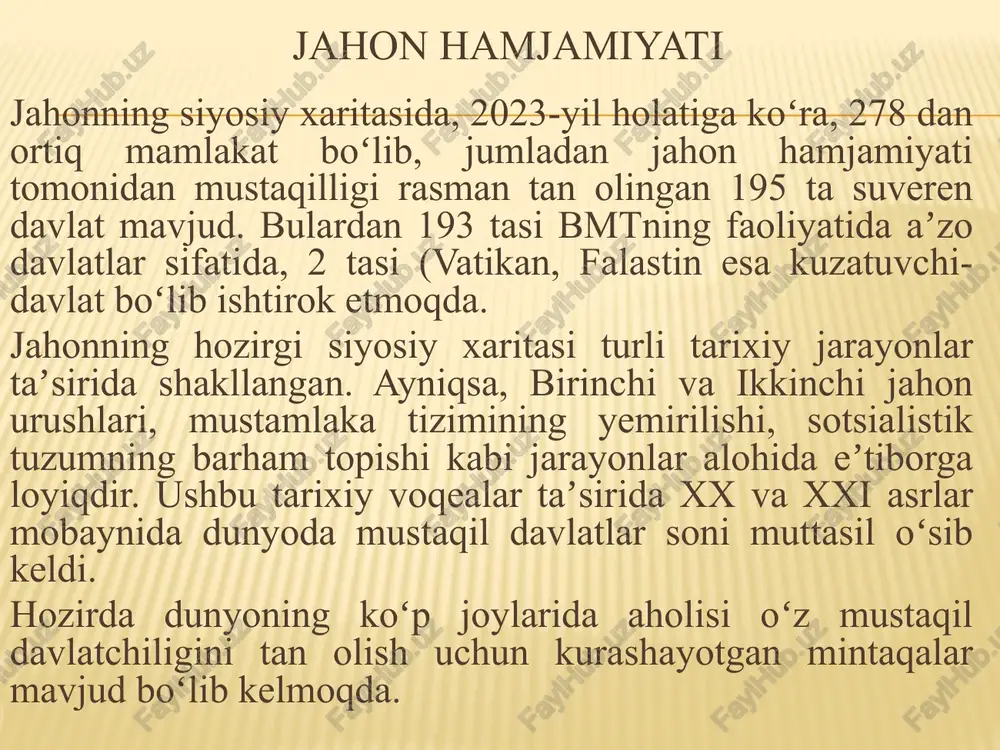 ekiston 36 o’rinda. 20.03.2024-yil holatiga ko'ra aholi soni: 36 849 200 (36 894 906) ga ko'ra) ~~1,00221763% erkaklar: 18600220 ayollar: 18334867 hududining kattaligiga ko’ra o’zbekiston dunyoda 56 o’rinni egallaydi. osiyo mintaqasida esa 15 o’rinni egallaydi. geografik joylashuvi: oʻzbekiston respublikasi amudaryo va sirdaryo oraligʻida joylashgan, maydoni 448,9 ming kv. km. respublika chegarasi gʻarbdan sharqqa — 1425 km, shimoldan janubga qadar — 930 km. chegaralari: respublika shimolda va shimoliy-sharqda qozogʻiston, sharqda va janubiy-sharqda qirgʻiziston va tojikiston, gʻarbda turkmaniston, janubda esa afgʻoniston bilan chegaradoshdir. davlat chegarasining afgʻoniston bilan uzunligi — 143 km., qozogʻiston — 2356,31 km., qirgʻiziston — 1476,12 km., tojikiston — 1283,2 km. va turkmaniston bilan — 1831,49 km. chegaraning uzunligi: 7090,12 km. “xalqaro maydondagi hamkorligimiz, tabiiyki, ilg‘or dunyo tajribasini o‘rganish, xorijiy mamlakatlar bilan aloqalarni yo‘lga qo‘yish orqali o‘zbekistonni ijtimoiy-iqtisodiy rivojlantirish bo‘yicha muhim vazifalarni hal qilishga yordam berish, mamlakatimizda qulay amaliy va investitsion muhitni shakllantirishga xizmat qilishi lozim.” shavkat mirziyoyev. o‘zbekiston respublikasi …