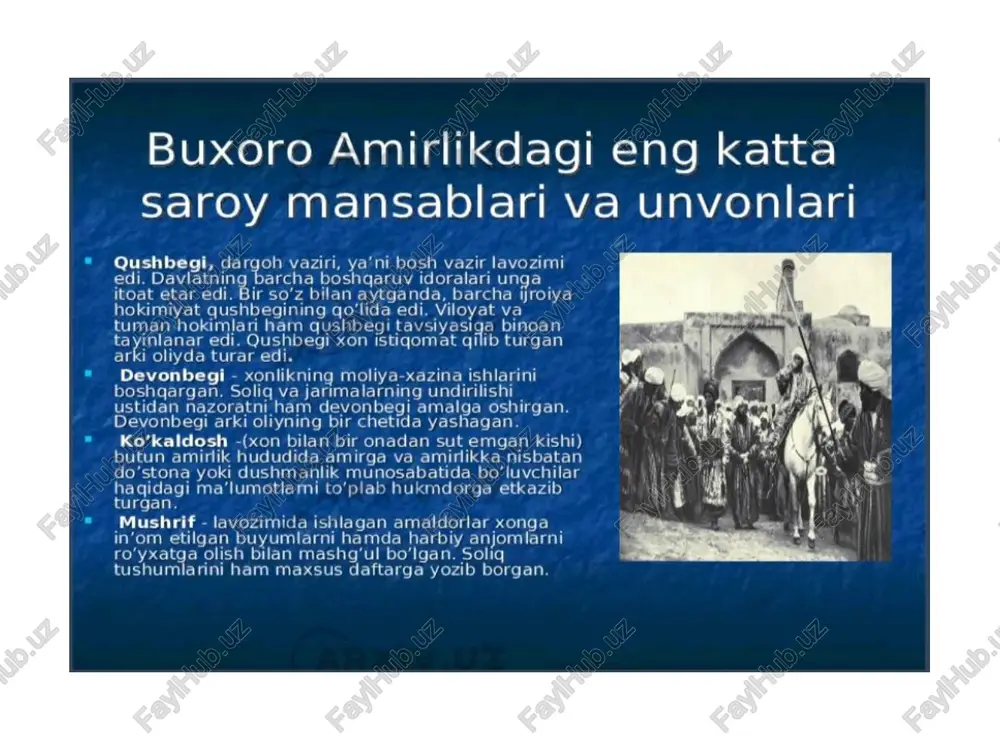 mda kundalik hayotda qonunlarga rioya stilishinl ta’rainloverl amaldor. bu lavozirn avloddan- avlodga meres bo'lib han o’tyan, j” “arte qozi (qozl iailon) - davlatning olly yozisi (sud 7asi). asnic arelesticria ydigan barche yozilix isnlarigzl ranibadie giver olly davlat livoziral, qazi valor “shariat garioh» deb atalardi. gozl valor tuzuride a’leire) va lz ciuitiycan iborat devon tuzilgan. yning vazifasi se j istilgrrii nigir tornonlarnia co'rib chigishder iporat io" | ziti, ; ye = murty - gozi kalos mura deb hisoblagen curli dinky-nugugiy masalalar oeneiey shadae qonunlarige gsoslanib fatve chigaryan, bu fatvouninig, yor! bir rechizy saufelyning reiuticl bile tasdiglangach, yoziga berilar cell, qozl ou fatyoge asoslangary nolde ruler crileyarerci. ascaldorlarge cirrilr nepaniae cusrigan <izmatlari ucrilr tally, eshlic og’asl tabi e’tborll unvonlar berilyzrs, “onnlrig, uning o’ywlacrilig farce ean bo'lgan. amaldodar harbiy yurishlarda hare qatnashgan, xon vigiinide amaldorlarning amaliga qarab o’rni bo’lar edi. shunga ko’ra ular xonning o’ng va so’| tomonida, unga yaqinrog va uzoqroq erda …