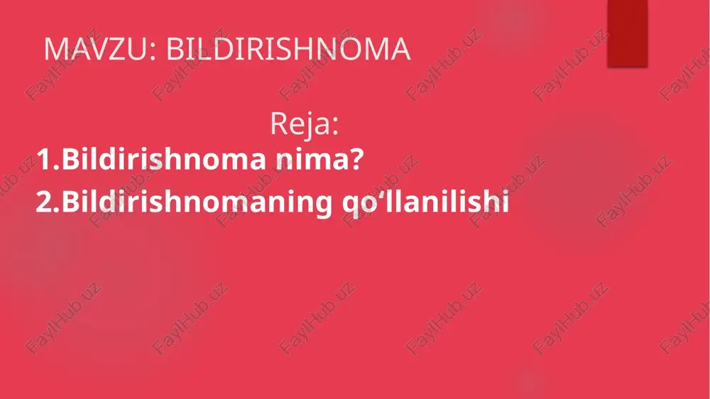 ge10.jpeg image11.jpeg image1.png image2.png image3.png image4.png 6uampmwhoma bildirishnoma ya6ex thnmhmht vmno ni yfatn www.imlo.uz bildirishnomaning zaruriy qismlari: ol. bil liris! hnoma yo‘llangan rahbarning lavozimi, ismi va ota ismining bosh harflari hamda jo‘nalish kelishigidagi familiyasi. o12. bil liris! hnoma tayyorlagan shaxsning lavozimi, ismi va ota ismining bosh harflari hamda chiqish kelishigidagi familiyasi. 03. matn sarlavhasi. o14. hujjat turining nomi (bildirishnoma). o85. bil liris! o16. qancha bo'ls: o7. bil o8. bil a). liris! hnomaning matni. varaqligi ko‘rsatilgan ilovar ro‘yxati (agar ilovalar hnoma tayyorlovchi xodim yoki rahbarning imzosi. liris! hnoma taqdim etilgan sana. = bilidirishnoma muayyan muassasa rahbariga xizmat faoliyati bilan aloqador muhim masalalar yuzasidan yoki yuqori idora, mansabdor shaxsga biron bir vogea va hodisa haqida xabardor qilgan zarurati tug’ ilganda taqdim etiladigan mufassal yozma axborot. unda, odatda bayon qilinayotgan masalalar bo’yicha tuzuvchi (yozuvchi) ning takliflari aks etadi. kimga yo’nalganiga qarab bildirshnoma ichki va tashqi turlarga ajratiladi. ichki bildirishnoma 0’z muassasasi rahbariga yoki …