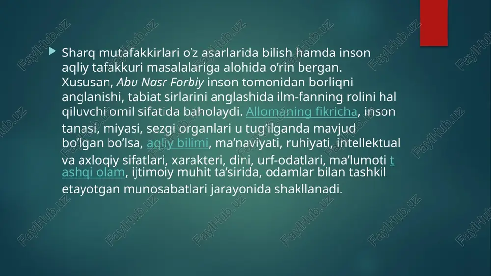 andlik ekanligini alohida qayd etadi: «ilm narsalarning inson aqli yordami bilan o’rganilishidir. bilim deb esa, narsalarni idrok qilishga aytiladi. bu shundayki, inson aqli uni xato va yo’ldan toymasdan turib unga erishishi kerak bo’ladigan narsadir. bordiyu, bu dalillar ochiq-oydin bo’lsayu, isbotlar chinakamiga bo’lsa, u holda bunga hikmat – donishmanlik deyildi»2. ibn sinoning aql va aqliy tarbiyaning tabiiy va psixologik asoslarini aniqlashga xarakat qiladi. uning fikricha, xayot, xayotiy quvvat uch shaklda: o’simlik, xayvonot va inson shaklida namoyon bo’ladi. ibn sino bolaning ilm-fan yoki xunar egallashga intilishida o’qituvchining unga bilim, xunar o’rgatishi zarurligini uqtiradi. ilm fanga intilish insonning eng oliy ma’naviy yuksaklikka ko’taradi, jamiyat ravnaqining asosiy omili bo’lib xizmat qiladi uning fikricha, ta’lim-tarbiya, avvalo, aqliy tarbiyani, yoshlarga ilm-fan o’rgatishni, jismoniy tarbiyani (bunga tibbiyot ilmi hizmat qiladi), axloqiy tarbiyani, nafosat tarbiyasini hamda yoshlarni ma’lum hunarga o’rgatish masalalarini o’z ichiga oladi. axloqiy tarbiya inson uchun nixoyatda muhim ahamiyatga ega. bolaning axloqiy tarbiyasi yoshlikdan, bolalikdan boshlanishi …
