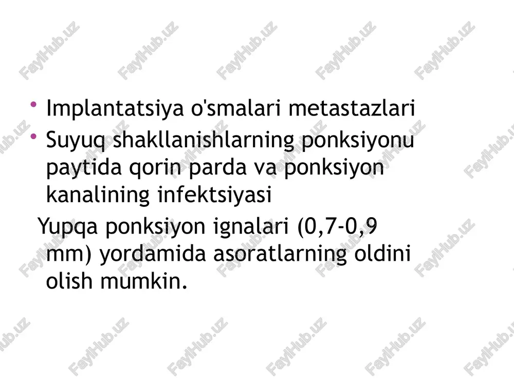 di: endoskopik. tadqiqot va davolash optik asbob – endoskop yordamida amalga oshiriladi. u tanaga tabiiy teshiklar orqali kiritiladi: og'iz bo'shlig'i, quloq, burun, tomoq, anal teshik. zamonaviy uskunalar yuqori sifatli vizualizatsiyani ta'minlaydi. shifokor asboblarni manipulyatorlar yordamida boshqaradi, ularning harakatlarini ekranda aniq kuzatib boradi. laparoskopik. bu kichik prokollar orqali amalga oshiriladigan ichki organlardagi operatsiyalar. operatsiyaning borishini kuzatish uchun kerakli vositalar va videokamera teshiklarga kiritiladi. operatsion makonni kengaytirish uchun karbonat angidrid ishlatiladi. laparoskopik usul ginekologik va urologik kasalliklarni, oshqozon-ichak trakti patologiyalarini va saratonning ayrim turlarini davolaydi. yo'naltiruvchi igna lümeni orqali (nafasni ushlab turish fonida) nayzaga o'xshash harakatlar bilan hosil bo'lgunga qadar ponksiyon ignasi o'tkaziladi. keyin sayoz nafas olishga ruxsat beriladi, mandrin chiqariladi va tarkibi aspiratsiya qilinadi. bemor uchun ortiqcha xavf tug'dirmasligi kerak juda aniq va takrorlanuvchan bo'lishi kerak to'g'ri tashxis qo'yish uchun sitologik, gistologik va bakterial tekshiruv uchun etarli materialni taqdim etishi kerak soliter va ko'p kistalar d 50 mm - chp soliter …