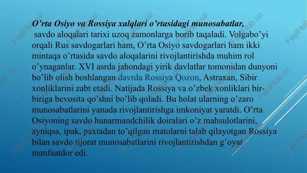 a xiva xonliklariga rossiyadan 12 marta elchilar kelishgan. 1583-1600-yillarda moskvada 5 marta buxoro elchilari, 2 marta xiva elchilari bo’lishgan. bu misollar o’rta osiyo va rossiya o’rtasida savdo-diplomatik aloqalarning ancha faollashganligidan guvohlik beradi.. xviii asrdan boshlab rossiya impe­riyasining o’zbek xonliklari bilan bo’lgan munosabatlarida tazyiq o’tkazishi ustunlik qila boshladi. bu rossiya imperiyasining siyosatida o’rta osiyo xonliklarini savdo-sotiqda kamsitish, ularning tabiiy boyliklariga ko’z olaytirish, strategik maqsadlarni ro’yobga chiqarish kayfiyatining kuchaygan­ligida yaqqol namoyon bo’la boshladi. pyotr i buxoro va xiva xonliklarini siyosiy jihatdan rossiyaga teng davlatlar emas deb hisoblab, ularga tazyiq o’tkaza boshladi. bunga xonliklardagi ichki siyosiy ahvol ham qulay sharoit yaratib bergan edi. masalan, xiva xoni shohniyoz 1700-yilda pyotr i huzuriga yashirincha elchi yuborib, xivani rossiya tobeligiga qabul qilishni so’ragan. 1709-yili toj-u taxt vorisi muhammad ham shunday qilgan edi. pyotr i xiva xoniga jo’natgan yorlig’ida shunday gaplar yozilgan edi: "shohona muruvvat ko’rsatib, xonning qo’l ostidagi jamiki narsalari bilan birga, abadiy tobeligimizga olamiz" . …