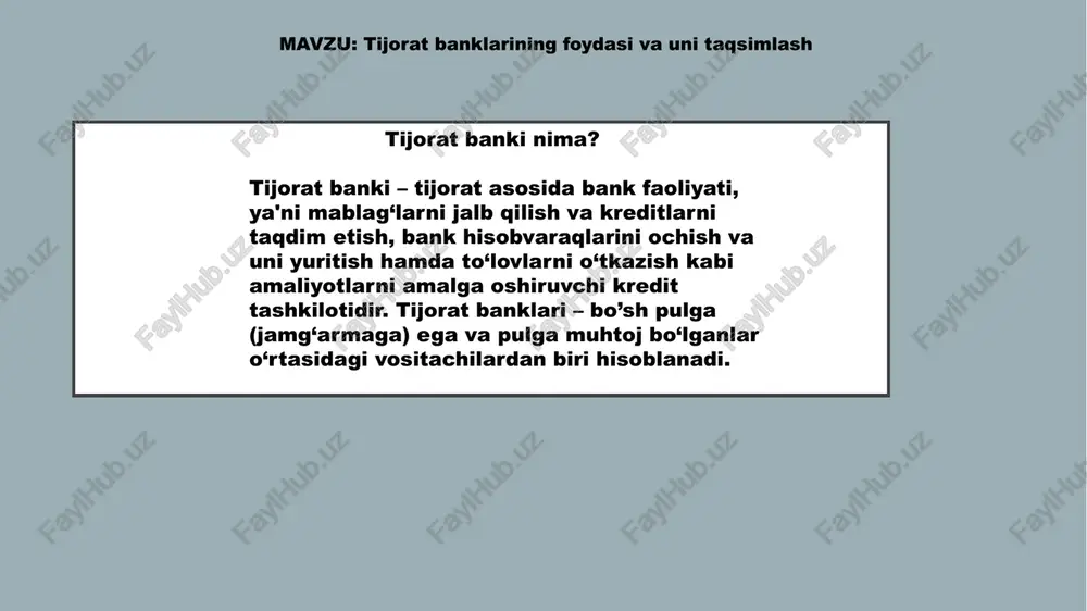 , banklarning kassalari va mobil ilovalari orqali mahsulotlarning xaridi, ko‘rsatilgan xizmatlar, bajarilgan ishlar, jarimalar va boshqalar uchun to‘lovlarni amalga oshirish oson. to‘rtinchidan, naqd pulsiz mablag‘lar bilan to‘lash uchun tijorat banklarida hisobvaraq ochish mumkin. bu, onlayn do‘konlarda amalga oshirilgan xaridlar uchun eng qulay to‘lov yo‘li hisoblanadi. bank hisobvarag‘iga mablag‘ingizni qo‘yib, ularni xavfsizlikda saqlaysiz. . tijorat banklari daromadlari: foizlar evaziga daromadlar: kreditlar boshqa tijorat banklariga berilgan qarzlar investitsiyalar qimmatli qog‘ozlarni qayta sotib olish kelishuvlari markaziy bankdagi hisoblar qarz majburiyatlariga investitsiyalar lizing operatsiyalari va hokazolar mijozlar uchun hisob-kitob va kassa xizmatlari bank kafolatlarini taqdim etish mijozlarning valyuta shartnomalari bo‘yicha xizmat ko‘rsatish konversiya amaliyotlari brokerlik va depozitar xizmatlari plastik kartalar bilan amaliyotlar ishonchli boshqarish amaliyotlari faktoring xizmatlari depozit saqlash va boshqalar tijorat banki – korxonalar, tashkilotlar, fuqarolarga universal bank xizmatlari (hisob-kitob, toʻlov operatsiyalari, qoʻyilmalarni jalb etish, omonatlarni saqlash, ssudalar berish, shuningdek, qimmatli qogʻozlar bozoridagi operatsiyalar) koʻrsatadigan yirik kredit muassasasi. tijorat banki bank harakatlarini amalga …