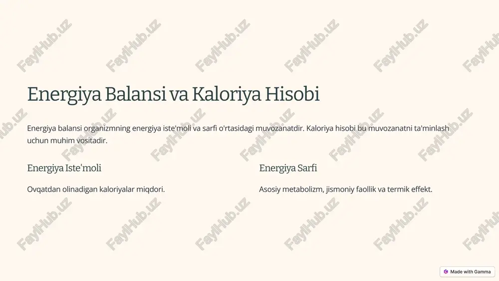 ik faoliyat uchun energiya bilan ta'minlash. 6 turli yosh guruhlari uchun ovqatlanish tavsiyalari turli yosh guruhlari uchun ovqatlanish tavsiyalari farq qilishi mumkin. bolalar, o'smirlar, kattalar va keksa odamlar uchun alohida ehtiyojlar mavjud. bolalar o'sish va rivojlanish uchun oqsillar va vitaminlar. 1 o'smirlar energiya va minerallarga boy ovqatlar. 2 kattalar muvozanatli ovqatlanish va vaznni nazorat qilish. 3 keksalar vitaminlar va minerallar bilan boy ovqatlar. 4 7 jismoniy faollik va ovqatlanishning o'zaro aloqasi jismoniy faollik va ovqatlanish o'zaro bog'liqdir. jismoniy mashqlar energiya sarfini oshiradi, shuning uchun ovqatlanish ham shunga mos bo'lishi kerak. 30% uglevodlar mashqlar uchun energiya. 20% oqsillar mushaklarni tiklash. 50% yog'lar uzoq muddatli energiya. 8 ratsional ovqatlanish rejasini tuzuvchi amaliy maslahatlar ratsional ovqatlanish rejasini tuzish uchun amaliy maslahatlar: maqsadlarni aniqlash, ovqatlanish kunligini yuritish, muvozanatli ovqatlar tanlash. maqsadlarni aniqlash vazn yo'qotish, mushak massasini oshirish yoki sog'lom turmush tarzi. ovqatlanish kunligini yuritish nima yeyayotganingizni kuzatib boring. muvozanatli ovqatlar tanlash har bir ovqatda …
