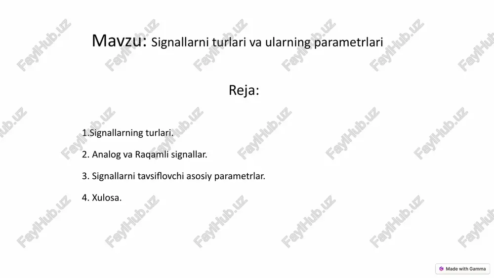 filtr ma'lum bir chastota diapazoni ichidagi signallarni o'tkazadi. 8 signallar va shovqinlar 1 shovqin kirish signallarga aralashadigan istalmagan signallar. 2 signal-shovqin nisbati signal kuchining shovqin kuchiga nisbati. 3 shovqinni kamaytirish signallarni qayta ishlashda shovqinni kamaytirish muhim vazifadir. 9 signallarni qayta ishlash usullari: 1 filtrlash keraksiz chastotalarni olib tashlash. 2 quvvatlash signallarni kuchini oshirish. 3 modulyatsiya signallarni ma'lumotlarni uzatish uchun tayyorlash. 4 demodulyatsiya modulyatsiya qilingan signallarni asl holatiga qaytarish. 10 analog signallarni qayta ishlash: filtrlash: keraksiz chastotalarni olib tashlash yoki ma'lum chastotalarni kuchaytirish uchun ishlatiladi. pastki chastota filtrlar, yuqori chastota filtrlar, bant filtrlar va boshqalar mavjud. kuchaytirish: signalning amplitudasini oshirish uchun ishlatiladi. aralashtirish: bir nechta signallarni birlashtirish uchun ishlatiladi. modulyatsiya va demodulyatsiya: ma'lumotni uzatish uchun signalning xususiyatlarini o'zgartirish va qayta tiklash jarayonlari. to'lqin shaklini o'zgartirish: signalning shaklini o'zgartirish orqali ma'lumotni uzatish va qayta ishlash. 11 raqamli signallarni qayta ishlash: bu usullar analog signallarni avval raqamli formatga o'tkazishdan keyin qo'llaniladi (analog-raqamli konvertatsiya …