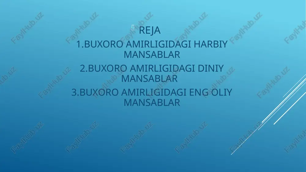 aliq mansabida bolganlar. ular davlatni amalda boshqarib, soxta xonni rasmiy hukmdor qilib qoyishgan. image1.jpg image2.jpg image3.jpg image4.jpg image5.jpg image6.jpg image7.jpg image8.jpg image9.jpg image10.jpg image11.jpg image12.jpg image13.jpg rossiya imperiyasi tasarrufiga o‘tgan hududlar hisobiga qisqargan edi. aa aho! ining soni 2 million kishi atrofida bo‘lib, asosiy mashg‘uloti dehgonchili chorvachilik cole ® shunday qilib ,1756- ° shundan boshlab yilda buxoroda buxoro xonligi hokimiyat tepasiga endilikda buxoro rasman yangi sulola _ amirligi deb mang’itlar sulolasi ataladigan bo'ldi keldi va daviatni mang’itlar 92 o’zbek 1920-yilgacha idora _... gabilasining biri edi. qildi davlat boshqaruvi —- | xix asrning ikkinchi yarmida buxoro amirligini idora qilish tizimi mirshabboshi (politsiya boshlig‘i) mirob (suv ta’minoti boshlig “i © buxoro amirligida mang'itlar sulolasi oz hokimiyatini qovushtirishga urinar, hukmron millatni shakllantirar, boshqa xalqlarning milliy qadr-qimmatini bostirar edi.buxoro amirligi ahli zo'ravonlik ,o'zboshimchalik,g’ayrigonuniy yig‘imlar va eng oddiy insoniy hislatlar toptalishidan azob chekardi. ular ko'p marta qo’zg’olon ko’targanlar. aholi asosan dehgonchilik bilan shug’ullangan. tog’lardan butun …