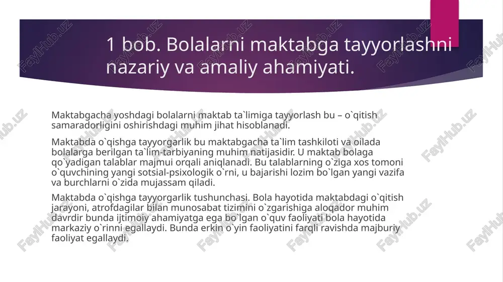 qqiyotiga o`z xissasini qo`shish kabi ijobiy sifatlar rivojlanib boradi. o`quvchi o`zining jamiyat uchun kerakligini tushuna boradi.maktab o`quvchidan aqliy faoliyatning murakkabroq shakllarini, axloqiy-irodaviy sifatlarning yuksakroq rivojlangan darajasini, o`z hatti-harakatini boshqarish qobiliyatini, katta ishchanlik qobiliyatini talab qiladi. 1 bob. bolalarni maktabga tayyorlashni nazariy va amaliy ahamiyati. 1.1 maktabgacha talimda faoliyat va rivojlanish diagnostikasining ahamiyati. zamonaviy maktabgacha ta’lim tashkilotlari – bola o’z rivojlanishi uchun eng ahamiyatli sohalarda va jihatlarda kattalar va tengdoshlar bilan keng hissiy-amaliy o’zaro muomala tajribasini oladigan joydir, maktabgacha ta’lim muassasalarida bola o’z ehtiyojlari, qobiliyatlari va imkoniyatlariga muvofiq holda individual rivojlanishiga bo’lgan huquqini shu jarayon uchun tashkiliy-pedagogik sharoitlar yaratilgan holda amalga oshiradi; pedagog o’zining kasbiy va shaxsiyat fazilatlarini rivojlantiradi, rahbar, bolalar va pedagoglar faoliyatining muvaffaqiyatli bo’lishini ta’minlaydi; muassasa ota-onalarning o’z bolalari uchun ko’zda tutgan kelajagi yuzasidan fikrlari xususiyatlarini inobatga oladi va ularni bolalar bilan, hamda ta’limiy 1.2 faoliyat va rivojlanish diagnostikasi uchun usullar va vositalar. tarbiya sharoitida o’qituvchi bolaning amaliy faoliyatini …