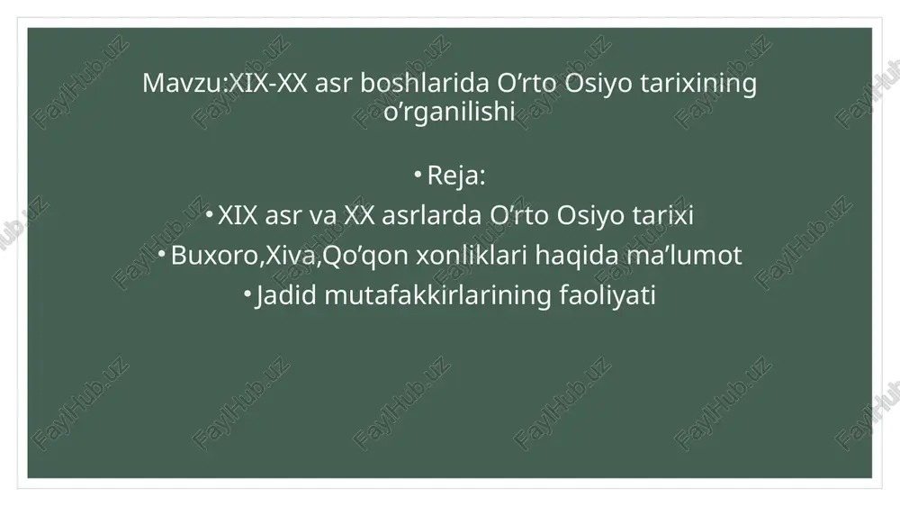 ma manbalari, ilmiy merosining o’rganilishi. o’zbekiston tarixining yoritilishi. o’rta osiyo xalqlarining xorijiy mamlakatlar bilan tarixiy, siyosiy-iqtisodiy va madaniy munosabatlarining o’rganilishi. mustaqillik yillarida o’zbekistonda tarix fanining rivojlanishi tarix fanida yangi dunyoqarashlar. tarixga qiziqishning ortishi. o’zbekiston respublikasi vazirlar mahkamasining «o’zbekiston fa tarix instituti faoliyatini takomillashtirish» haqidagi (1998 yil) qarori. 1996 yilda o’zbekiston respublikasi prezidenti huzuridagi davlat va jamiyat qurilishi akademiyasi huzurida «o’zbekistonning yangi tarixi» markazi tashkil etilishi. markaz olimlari tomonidan 3 jildli «o’zbekiston tarixi» kitobining nashr etilishi. tarix institutining ilmiy faoliyati. tarixchilar tomonidan davriy, ilmiy, ilmiy-ommabop to’plamlarning nashr etilishi. ilmiy anjumanlar va ularda o’zbek davlatchiligi tarixi masalalarining yortilishi. zamonaviy arxeologiya, etnografiya va manbashunoslikning vazifalari. og’zaki tarix. tarixga bag’ishlangan ilmiy jurnallarning o’zbekiston tarixini yoritishdagi o’rni. foydanilgan adabiyotlar 1. manbashunoslik. mualliflar jamoasi. d.alimova muharrirligida. –t.: turon-iqbol. 2019. 2. samarqand shahrining umumbashariy madaniy taraqqiyot tarixida tutgan o'rni. samarqand shahrining 2750 yillik yubileyiga bag'ishlangan xalqaro ilmiy simpozium materiallari. – t.: fan, 2007. 3. caidboboev z. evropada …