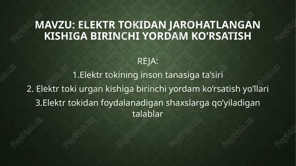 jada ifodalanadi. 1-daraja, terining termik qizarishi; 2-daraja, pufakchalar hosil bo‘lishi; 3-daraja, teri yuzasining mo‘rtlanishi; 4-daraja, teri to‘qimasining to‘liq kuyib ketishi. quyida elektr tokidan kuyishning 4 darajasi bo’yicha tanishasiz quyidagi rasmda terining i darajali kuyishi ya’ni termik qizargan holatini ko’rishingiz mumkin quyidagi vaziyatda terining ii – darajali kuyishi ya’ni pufakchalar hosil bo’lisi teri yuzasining mo’rtlashishi. iii- darajali kuyish iv darajali kuyish. terining butkul kuyib ketishi terining metallanishi-elektr yoyi ta’sirida erigan metal mayda zarralarning terining ustki qatlamiga kirib qolishidir. mexanik shikastlanishlar-odam orqali o‘tayotgan tok ta’siridan mushaklarning ixtiyorsiz ravishda keskin tortishib qolishi oqibatida yuz beradi. natijada teri, qon tomirlari va asab to‘qimalari uzilishi, bo‘g‘inlar chiqishi, hatto suyaklar sinishi mumkin. elektr toki urishi deganda, organizm orqali elektr toki o‘tganida mushaklarning ixtiyorsiz ravishda tortishib qolishi tushuniladi odam organizmiga elektr tokining ta’siri qanday oqibatlarga olib ketishiga qarab, elektr toki urishini shartli ravishda quyidagi 4-darajaga ajratish mumkin: i-daraja-odamning mushaklari tortishib qoladi, ammo u hushidan ketmaydi; ii-daraja-odamning mushaklari …