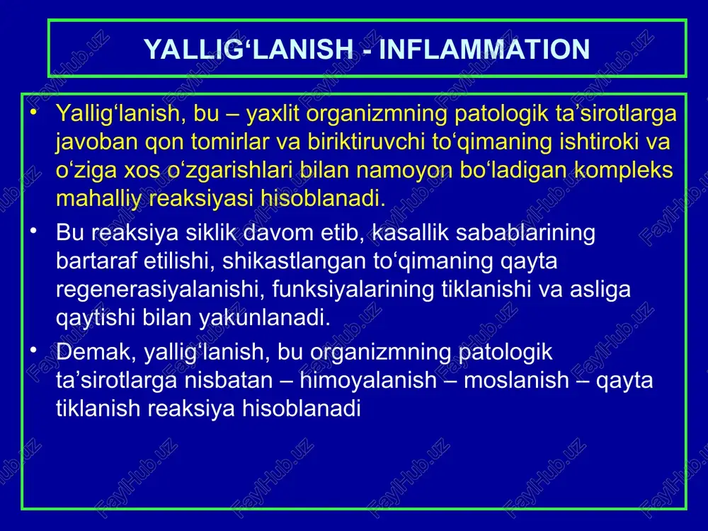 ng ichki dvigatellari hisoblanadi 1. alterasiya, bu – yallig‘lanish o‘chog‘ida distrofik va nekrotik o‘zgarishlarning ustun turishidir. (misol: gangrenoz angina, kazeoz pnevmoniya). 2. ekssudasiya, bu – yallig‘lanish o‘chog‘ida mso‘ tomirlar reaksiyasi, o‘tkazuvchanligining oshishi, plazma va qon tanachalari chiqib ekssudat paydo bo‘lishidir. (1. mso‘ reaksiyasi → 2.qonning reologik xususiyati buzilishi → 3. mso‘ devori o‘tkazuvchanligi oshishi → 4. qon tanachalarining emigrasiyasi → 5. fagositoz → 6. ekssudat va yallig‘lanish infiltrati paydo bo‘lishi). 3. proliferasiya, bu – yallig‘lanishning yakunlovchi, shikastlangan to‘qimaning qayta tiklanishiga yo‘naltirilgan fazasi hisoblanadi. morfologiyasi – gistiositar va gematogen hujayralarning ko‘payishi. yalligʻlanishning morfologik belgilari yallig‘lanishli kasalliklarni nomlashda, a’zo yoki to‘qimaning lotincha yoki yunoncha nomiga “it” qo‘shimchasi qo‘shib nomlanadi. misol: plevrit, nefrit, gingivit. ayrim a’zolar kasalliklari maxsus nomlar bilan ataladi: masalan: “angina” – bo‘g‘ilish; “pnevmoniya”, “empiyema”, “furunkul”. kechishi bo‘yicha: o‘tkir va surunkali yallig‘lanish. yallig‘lanish o‘chog‘ida qaysi bir morfologik o‘zgarishning ustun turishiga qarab: 1. alterativ, 2.ekssudativ va 3.proliferativ yallig‘lanishlar farq qilinadi. yalligʻlanishning nomlanishi …