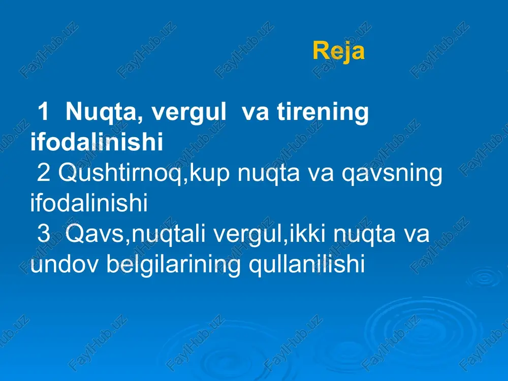 elementli (koʻp nuqta) va 4 elementli (qoʻshtirnoq) tinish belgilari ga ajraladi. qoʻllanish oʻrniga koʻra, tinish belgilari 3 guruhga boʻlinadi: gap oxirida qoʻllanadigan tinish belgilari (nuqta, soʻroq va undov belgilari), gap oʻrtasida qoʻlanadigan tinish belgilari (vergul) va aralash, yaʼni gapning turli oʻrinlarida qoʻllaniladigan tinish belgilari (tire, ikki nuqta, qoʻshtirnoq, qavs, kup nuqta). tinish belgilari ning qoʻllanish usuli va tartibi punktuatsiyaning mantiqiy grammatik, uslubiy va defferentsiya (farqlash) prinsiplari asosida belgilanadi. punktuatsiya tamoyillari logik- grammatik tamoyil farqlovchi tamoyil uslubiy tamoyil tinish belgilarining tasnifi tinish belgilarining qo‘llanish usuliga ko‘ra tasnifi tinish belgilarining qo‘llanish o‘rniga ko‘ra tasnifi tinish belgilarining vazifasiga ko‘ra tasnifi tinish belgilarining tuzilish jihatidan tasnifi tinish belgilari yozma matndagi gap bo‘laklari, gapning ayrim qismlari va gaplarning o‘zaro turli sintaktik munosabatlari (birikishi, bo‘linishi, ajralishi, ayrilishi kabilar)ni ko‘rsatish uchun qo‘llanadi. o’zbek yozuvida uslubiy aniqlik, ravonlik hamda turli xil leksik-grammatik ma’nolarni ifodalash uchun tinish belgilarini qo‘shaloq qo‘llash hollari ham uchrab turadi. qo‘sh qo‘llanuvchi tinish belgilari : …