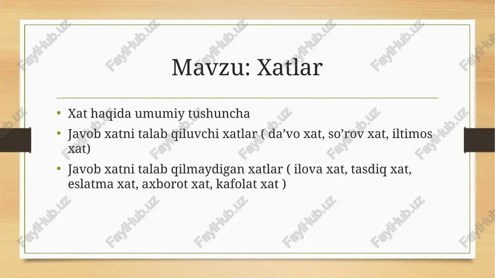 a kafolat xatlari ) quyida shular bilan tanishamiz da'vo xati" yoki "iltimos xati", yolg'iz shaxslar yoki tashqi tashkilotlar bilan murojaat qilish uchun yozilgan rasmiy xatdir. bu xatda, ma'lum bir muammo yoki talabga javob olish uchun so'rov qilinadi. "da'vo xati" odatda rasmiy tilda yoziladi va boshqa tashqi tashkilotlar, hukumat organlari, va shaxslar bilan murojaat qilish uchun ishlatiladi. "da'vo xati"ning asosiy maqsadi, muammolarni hal qilish uchun yordam talab qilishdir. xatda, muammo haqida to'liq ma'lumotlar berilishi, muammo uchun hal topish uchun takliflar qilinishi va hal topilgach, shaxs yoki tashqi tashkilotga javob berilishi kerak. "da'vo xati" yozishning muhim qoidalari bor. xatni yozishdan oldin, muammo haqida to'liq ma'lumotlar to'plangan va to'g'ri formatda yozilishi kerak. xat yozilganidan so'ng, uni imzolash va rasmiylashtirish kerak. xatga javob kelganda, uni tez va to'liq javoblash kerak. "da'vo xati" yozishda muhim bo'lgan boshqa narsalar shu jumladan, xatni yozishda adabiyot va tilda xatoliklardan saqlash, to'liq ma'lumotlar berish, muammo uchun hal topish uchun …