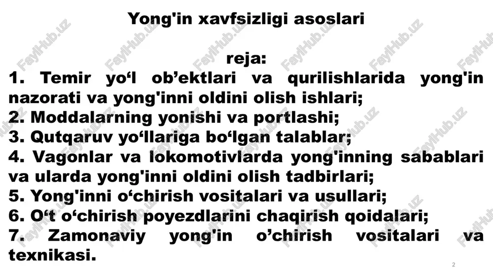 nizom // o‘zr vm sining 2016 yil 10 iyundagi 200-son qarori; 6. shnk 2.04.09-2007. pojarnaya avtomatika zdaniy i soorujeniy. goskomitet ruz po arxitekture i stroitelstvu. tashkent, 2007; 7. shnq 2.01.02-2004. binolar va inshoatlarning yong‘in xavfsizligi. o‘zr davlat arxitektura va kurilish qo‘mitasi. toshkent, 2004. 3 2019 yilning o‘tgan olti oyida yurtimizda: 5 ming 772 ta yong'in sodir bo‘lgan; ikki yuz nafar kishi tan jarohati olgan; 74 nafar fuqaro olamdan o‘tgan; yong'inlarning 70 foizi aholi yashash joylarida, xonadonlarda sodir bo‘lgan; asosiy sabablari: nosoz va qo‘lbola gaz qurilmalaridan foydalanish; yaroqsiz elektr moslamalaridan foydalanish; yaroqsiz isitish uskunalaridan foydalanish; xavfsizlik qoidalariga rioya etmaslik; spirtli ichimliklar iste'mol qilib hushyorlikni yo‘qotish. 4 yong'in — odamlarning hayoti va (yoki) sog‘lig‘iga, yuridik va jismoniy shaxslarning mol-mulkiga, shuningdek atrof tabiiy muhitga zarar etkazadigan, nazorat qilib bo‘lmaydigan yonish; yong'in nazorati — yong'in xavfsizligi talablariga rioya qilinishini tekshirish va tekshiruv natijalari bo‘yicha chora-tadbirlar ko‘rish maqsadida belgilangan tartibda amalga oshiriladigan faoliyat; yong'inlar profilaktikasi …