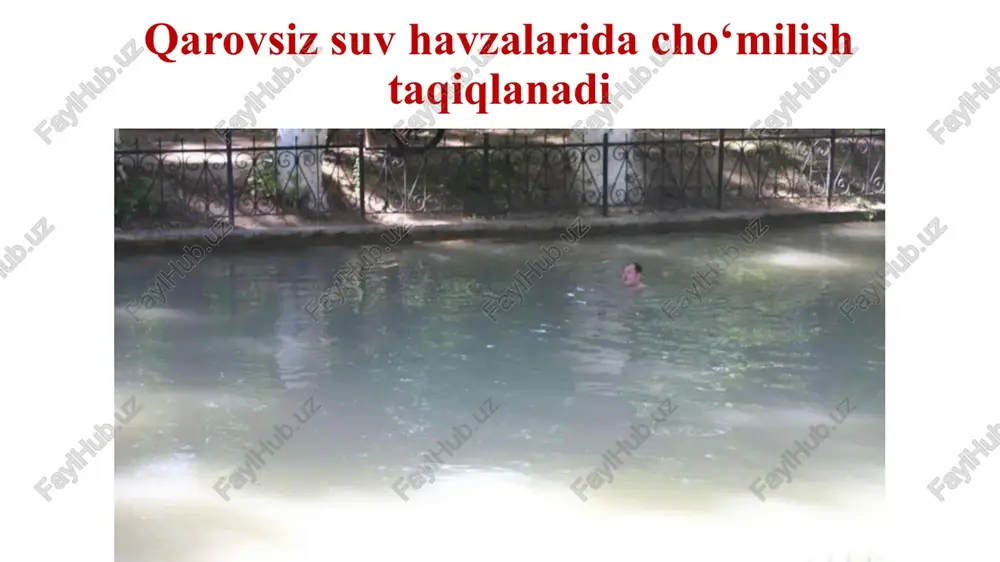 suv havzalarida cho’milmang! bu hayot uchun xavfli birgina misol, 2023-yilning 25-may “so‘nggi qo‘ng‘iroq kuni” paxtachi tumani nurafshon mahallasi hududidan oqib o‘tuvchi zarafshon daryosida 2007-yilda tug‘ilgan 3 nafar voyaga yetmagan bolakaylarning cho‘kib ketishi inson qalbini larzaga keltirgan eng qayg‘uli holatlardan biridir. ming afsuski, bu kabi ayanchli holatlarni ko‘plab keltirish mumkin. suzishni bilmasangiz cho’milmang, bu hayot uchun xavfli ruxsat etilmagan joylarda cho’milish- hayit uchun xavfli! image1.jpeg image2.jpeg image3.jpeg image4.jpeg image5.jpeg image6.jpeg image7.jpeg image8.jpeg image9.jpeg image10.jpeg image11.jpeg image12.jpeg image13.jpeg image14.jpeg image15.jpeg - e ea rois ley, ae a, — = avqulodda vaziyatlar vazirligi ogohlantiradi,! /docprops/thumbnail.jpeg havzalarida fugarolar xavfsizligini ta’minlash” talabalari uchun profil targ*ibot tadbiri
