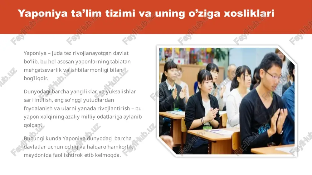 mining tarkibi quyidagicha: bog‘chalar, boshlang‘ich maktab, kichik o‘rta maktab, yuqori o‘rta maktab, oliy ta’lim tizimlariga kiruvchi oliy o‘quv yurtlari. bolalar yoshlariga qarab 3, 2, 1 yillik ta’lim kurslariga jalb qilinadi. yaponiyada maktabgacha ta’lim muassasalarining 59, 9% - xususiy, 40, 8% - davlatnikidir. dopolnitelnie svedeniya sm. v tsentre nachala raboti s powerpoint (shelknite strelku v rejime slayd-shou) v rejime slayd-shou shelknite strelku, chtobi voyti v tsentr nachala raboti s powerpoint. 5 ta'lim uslubi majburiy ta’lim. ta’limning bu pog‘onasi 6 yoshdan 15 yoshgacha bo‘lgan bolalarni o‘z ichiga oladi. 6 yillik boshlang‘ich ta’lim va 3 yillik o‘rta maktab 9 yillik majburiy ta’limni tashkil etadi va u bepuldir. muhtoj oilalarning bolalari bepul nonushta, o‘quv qurollari, tibbiy xizmat bilan ta’minlanadi. zarur bo‘lgan hollarda ularning oilalariga moddiy yordam ko‘rsatiladi. shu bilan birga yaponiyada xususiy maktablar ham mavjud. ta'lim yo'nalishi universitetlarga yuqori va o‘rta maktabni yoki 12 yillik oddiy maktabni bitirgan o‘quvchilar qabul qilinadi. u yerda 460 …