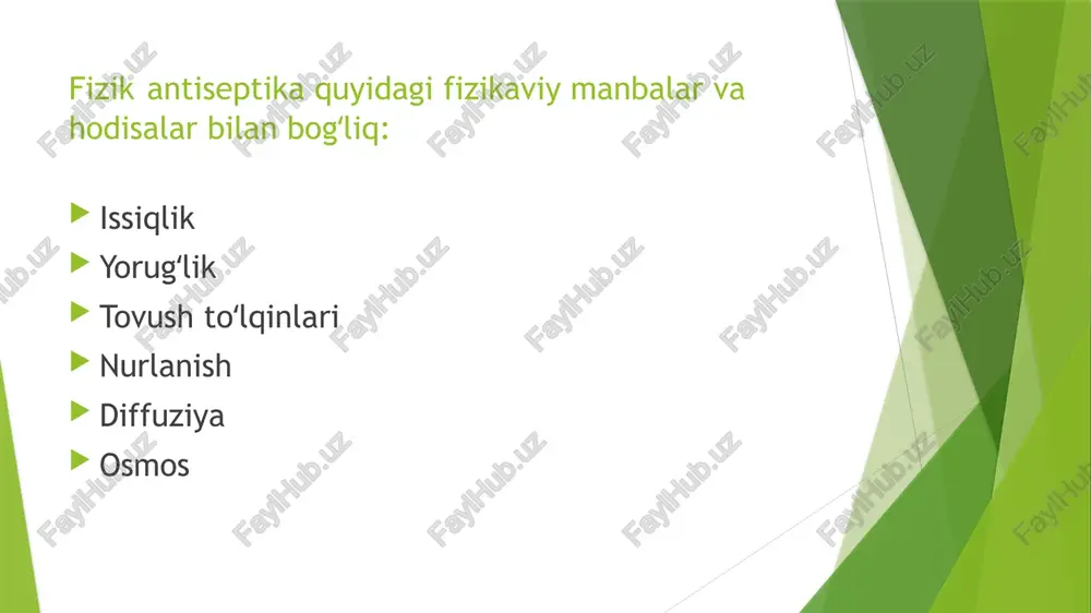 i yaxshilaydi, nekrotik to’qimalar tezroq ajratib tushadi, bundan tashqari, suvning ionlanishi sodir bo’ladi va vodorod ionlari va gidroksil ionlari mikrob hujayralarida oksidlanish-qaytarilish jarayonlarini buzadi. jarohatni ultratovushli kavitatsiya qilish lazer bilan ishlov berish yaralarga pulsatsiyalanuvchi oqim bilan ishlov berish rentgenoterapiya rentgen nurlanishi kichik, chuqur joylashgan o’choqlarda infektsiyani bartaraf qilish uchun ishlatiladi. suyak panaritsiyasi va osteomiyelitini, qorin bo’shlig’idagi operatsiyalardan keyin yallig’lanishni va hokazolarni shunday davolashingiz mumkin. rentgenoterapiya foydalanilgan manbalar: https://www.google.com/url?sa=t&source=web&rct=j&url=https://ppt-online.org/367779&ved=2ahukewiglvp-pet9ahwwzoskhaida4aqfnoecaoqaq&usg=aovvaw2-tvqw0bfl6kmulgrvjy1o https://blog.universalmedicalinc.com/are-you-using-a-diode-laser-in-your-medical-facility/ https://studfile.net/preview/4603856/page:15/#4603856 petrov, s. v. obshaya xirurgiya : uchebnik / petrov s. v. – 4-e izd. , pererab. i dop. – moskva : geotar-media, 2014, str.100-104. https://studfile.net/preview/6034365/page:2/ image1.jpeg image2.jpeg image3.jpeg image4.jpeg image5.jpeg image6.jpeg image7.jpeg image8.jpeg image9.jpeg image10.jpeg image11.jpeg image12.jpeg image13.jpeg image14.jpeg image15.jpeg image16.jpeg ®usuyeckaa ahtucentuka [urpockonmmyhbin texhmnyeckve nepebasouhbin matepman aaa eets (bata, mapna — tamnohbl, (et pes by asen pehtrehotepanus) wwapuku, cancer) @aktopbi bheluhen [unep tohmyeckve cpeabi pactbopbi (5-10% pactbop nacl) (npombibahue, bbicylumbah ue) ap ehupobahne copbehtbi (naccubhoe, aktmbhoe, (yrmepogcogep»kanyne npotouho-npombibhoe) cmyc-1) …