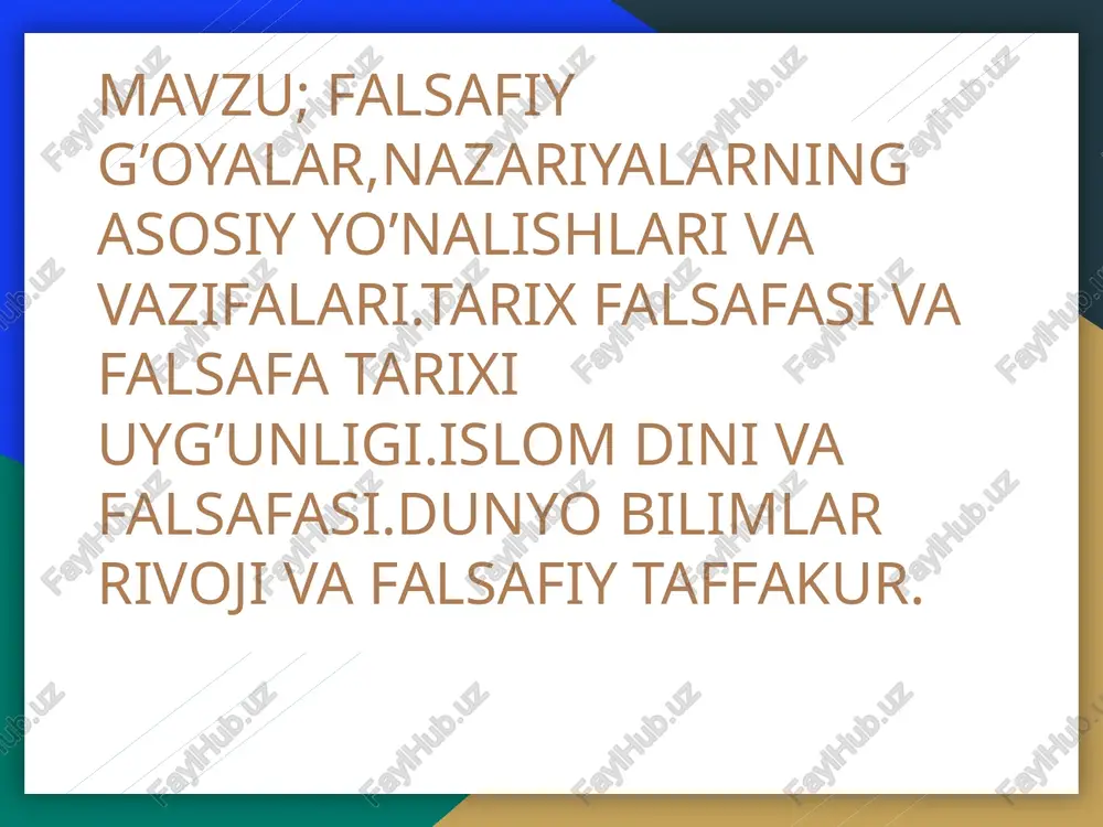 xil jixatga e’tibor berish lozim. birinchisi - tor doiradagi mutaassib kuchlarning g`ayriinsoniy g`oyalarni yoshlar ongiga, turmush tarziga singdirish yo`li bilan o`zlarining muayyan maqsadlariga erishish uchun harakatiga ehtiyot va xushyor bo`lmoq kerak. ikkinchisi esa, sog`lom kuchlarning ularga qarshi insonni inson degan nomga munosib qilib tarbiyalash va sivilizatsiyani saqlab qolish hamda rivojlantirish manfaatlari uchun ko`rashdir.falsafiy nazariyalarning «yaxshi» yoki «yomon», «foydali» yoki «zararli» ekanini tarixiy tajriba asosida faqat bitta mezon — umuminsoniy manfaatlarga mos keladimi yoki yo`qmi, degan xulosa asosida baholash mumkin. shuning uchun biz falsafiy g`oya va nazariyalarni baholashda o`z sub’ektiv fikrlarimizni mutloqlashtirishdan yiroq bo`lishimiz lozim. falsafiy nazariyalar tizimida «faqat men xaqman, boshqalar noxaq» degan tarzda mutloq haqiqatga da’vogarlik qiladigan g`oya va nazariyalar o`rtasidagi ko`rash og`ir oqibatlarga olib kelishini tarixiy tajriba qayta-qayta isbotlab bergan. har qanday manfaat shakllari va darajalari muayyan falsafiy g`oya va nazariyalarda o`z ifodasini topadi. shu nuqtai nazardan qaraganda, g`oya va nazariyalar o`rtasida doimiy ko`rash borishi tabiiy hol. prezidentimiz …