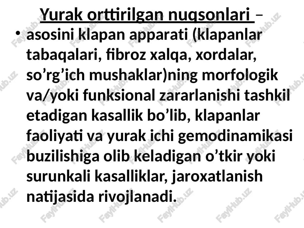 incha va bo`lmachaning dilatasiya va gipertrofiyasi (jigarrang), chap bo`lmacha va kichik qon aylanish doirasida qon bosimining oshishi (havorang); tizimga qon regurgitasiyasi yo`nalishi strelka bilan belgilangan. mitral klapan yetishmovchiligining 2 turi farqlanadi organik funksional organik yetishmovchiligi sabablari: revmatik isitma (75%) marfan sindromi yurak jaroxati ateroskleroz, yuik biriktiruvchi to`qimaning sistemli kasalligi ra infeksion endokardit mitral klapan funksional yetishmovchiliging sabablari: chq gemodinamik zo’riqishi, fibroz xalqa kengayishi va klapan apparati disfunksiyasi bilan kechuvchi kasalliklar: arterial gipertenziya yurak aortal nuqsonlari dilatasion kardiomiopatiya yuik davomi: mitral klapan prolapsi so’rg’ich mushaklar disfunksiyasi xordalar yoki so’rg’ich mushaklar uzilishi gipertrofik kardiomiopatiya fibroz xalqa, mitral klapan, xordalar yoki so’rg’ich mushaklar birlamchi idiopatik kalsinozi mitral klapan organik yetishmovchiligi fibroz halqa kengayishi mitral klapan prolapsi xorda yoki so’rgich mushaklar uzilishi mitral yetishmov-chilikda qon regurgita-siyasi patomorfologiya klapan tavaqalarining tortilishi (burishib qolishi), yemirilishi klapan bir yoki ikkala tavaqasining prolapsi va xorda iplari uzilishi so’rg’ich mushaklar uzilishi yoki o’tib ketuvchi ishemiyasi klapan tavaqalari qalinlashishi va …
