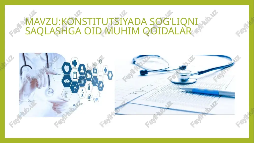 ning davlat va nodavlat shakllarini, tibbiy sug'urtaning har xil turlarini rivojlantirish, aholining sanitariya-epidemiologik osoyishtaligini ta'minlash choralarini ko'radi. davlat jismoniy tarbiya va sportni rivojlantirish, aholi o'rtasida sog'lom turmush tarzini shakllantirish uchun shart-sharoitlar yaratadi” deb belgilangan. masalan, davlat hisobidan kafolatlangan tibbiy xizmatni rivojlantirish maqsadida 2021 yildan boshlab, birlamchi bo'g'inda aholini 66 turdagi, 2022 yilda 120 turdagi dori vositalari bilan bepul ta'minlash yo'lga qo'yildi. ixtisoslashgan markazlarda bepul davolanadigan kasalliklar ro'yxati shakllantirilib, tibbiy yordam uchun yo'llanma elektron navbat asosida berilmoqda. eng muhimi, bu tizimga asosan, mablag'lar shifoxonaga emas, balki aniq bemorga ajratilmoqda. sog'lom turmush tarzini amalga oshirish uchun insonning uy-joy muhiti, oraliq va muassasalarda salomatlikni saqlash, tabiiy va ijtimoiy murakkabliklarni bajarish, meyorli va sog'lom taomlarni iste'mol qilish, fizikaviy faoliyatni amalga oshirish va regulyar tibbiy tekshirishlarni o'tkazish kerak. bunday turmush tarzi insonning uzoq muddatli sog'ligini saqlash va yosh ketishning ta'sirini kamaytirishda muhim rol o'ynaydi. davlat tibbiyot sohasiga oid eng muhim vazifalarni o'z zimmasiga olayotgani onalar …