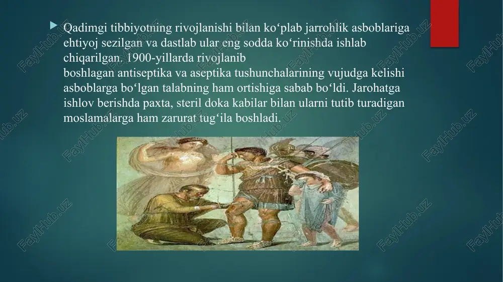 ar – faqatgina bir maqsadda ishlatiladigan asboblar (urologik, ginekologik, travmatologik, neyroxirurgik va boshqa asboblar) operatsion blok - steril sharoitda jarrohlik operatsiyalarini bajarish uchun mo'ljallangan maxsus jihozlangan xonalar hisoblanadi. operatsiya xonasining asosiy jihozlari o'z ichiga oladi: - operatsion stol; - operatsion lampalar; - narkoz apparat; - tibbiy monitor; - xirurgik asboblar uchun stol lazer skalpel - lazer energiyasidan foydalangan holda tirik biologik to'qimalarni kesish va olib tashlash uchun ishlatiladigan jarrohlik asbob. ultratovushli skalpel - bu yumshoq to'qimalarni bir vaqtning o'zida kesish uchun mo'ljallangan jarrohlik ultratovush tizimi, ochiq laparoskopik jarrohlikda qo'llaniladi lazerli skalpellar parenximatoz a’zolarda (qon tomirlariga boy jigar, buyraklar va yurak) operatsiyalarni bajarishda yaxshi natijalar ko’rsatdi. shuningdek, lazerli skalpel aniqlikni talab qiladigan qiladigan jarrohlik aralashuvlarda (oftalmologiyada, nerv tizimidagi operatsiyalar va boshqalar) faol ravishda qo’llanilib kelinmoqda. lazer skalpelning asosiy afzalligi – bu kesmaning kichikligi, qon tomirlarning koagulyatsiyasi natijasida qon ketishining sezilarli darajada kamayishi. bundan tashqari oddiy xirurgik skalpeldan farqli o’laroq lazer skalpel …