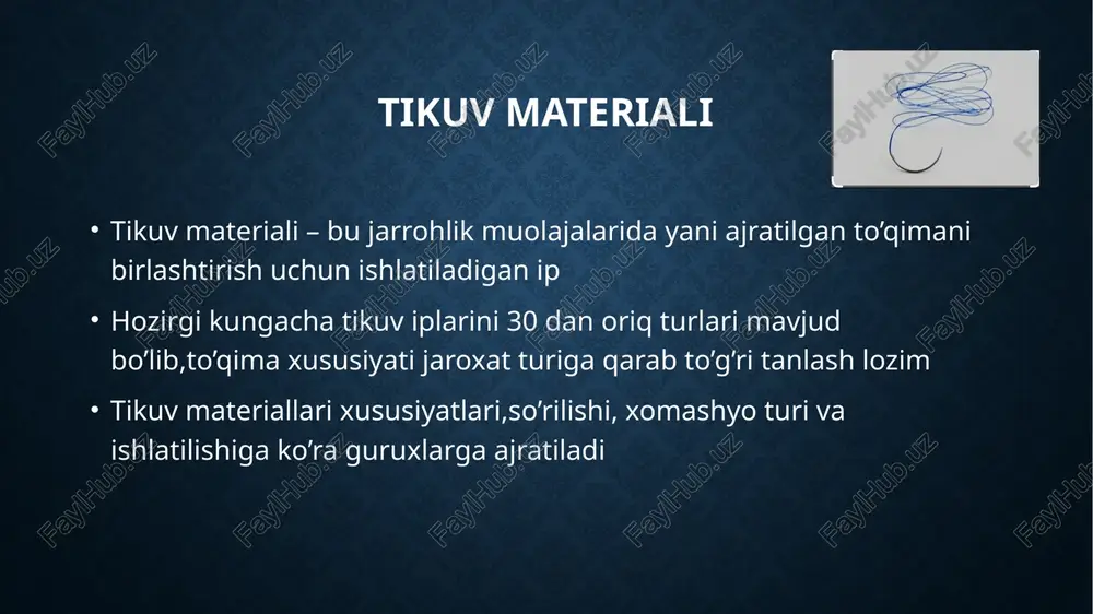 togenlikni, kuchlanishning yetarli emasligini va ko'plab qayd etilgan allergiya holatlarini (yallig'lanishni qo'zg'atadigan begona oqsillar tufayli) qayd etish mumkin. ipak "mos yozuvlar" materialidir. u juda ko'p afzalliklarga ega: u elastik, yumshoq, yetarli kuchga ega va bir nechta tugunlarni bog'lash qobiliyatiga ega. turli qalinlik va moslashuvchanlikdagi polifilament tolalaridan iborat. ipak iplari 4 oydan 6 oygacha o'zining asl ko'rsatkichlarini saqlab qoladi, ammo ular sezilarli kamchilikka ega: yumshoq to'qimalarda tez-tez yallig'lanish jarayonlarini keltirib chiqaradigan yuqori gigroskopiklik. va aseptik reaktsiyalar kam uchraydi. biologik parchalanish xususiyatiga ko’ra so’riladigan shartli so’rilishi mumkin(poliamidlar yani kapron,poliuretan) 2-5 yilda sorilishi mumkin so’rilmaydigan(poliester poliproplilen polat titan) so’rilishi mumkin bo’lgan iplar bunga katgut va bu qobiliyatga ega bo'lgan sintetik iplarning ayrim turlari (poliglikolik kislota, polidioksanon va boshqalar) kiradi. rezorbsiya tezligi har xil bo'lishi mumkin va materialga bog'liq. catgut turiga qarab 100 kungacha so'rilishi mumkin. sintetik iplar tezroq erishi mumkin - 45-60 kun ichida. bunday so'rilishi mumkin bo'lgan tikuvlar ko'pincha urologiyada qo'llaniladi, bu …