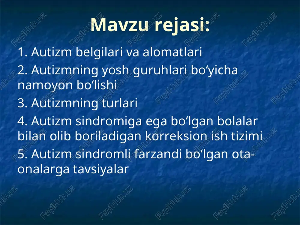 ladi, kundalik ishlarda yordam so'ramaydi; bola “nima uchun?” degan savolni bermaydi. bu nutqning buzilishi bilan bog'liq; giperaktiv bo'lishi mumkin. ular bir joyda o'tirib, diqqatlarini bir narsaga qaratishlari qiyin; yurish malakalari o'ziga xosligi bilan farqlanadi: ular oyoq uchida yurishadi, yoki o'ngga va chapga chayqaladilar. ko'pincha bolalarda harakatlarni muvofiqlashtirish buzilgan va ular zinapoyadan qanday yurishni yoki futbol to'pini tepishni o'rganishlari qiyin; autizm sindromli bola qo'rqoq bo'ladi. u ko'pincha kutilmagan narsalardan qo'rqadi; tanlab narsalarni is'temol qiladilar. autizm sindromli bolalar ma'lum turdagi ovqatlarni yaxshi ko'radilar. bu didlari erta bolalik davrida shakllanadi va umr bo'yi davom etadi; ovqat hazm qilish muammolari. ular miya faoliyati bilan bog'liq. miya ovqat hazm qilish tizimidan signallarni qabul qilmaydi, bu esa o'ziga xos muammolarni yuzaga kelishiga olib keladi; uyqu muammolari. bola kun va tunni ajrata olmaydi, uning faoliyat darajasi kunning vaqtida sodir bo'lishiga bog'liq emas. shuning uchun uni uxlatish qiyin. u tez-tez tunda uyg'onadi, o'rtacha kechasi 7 soat yoki undan …