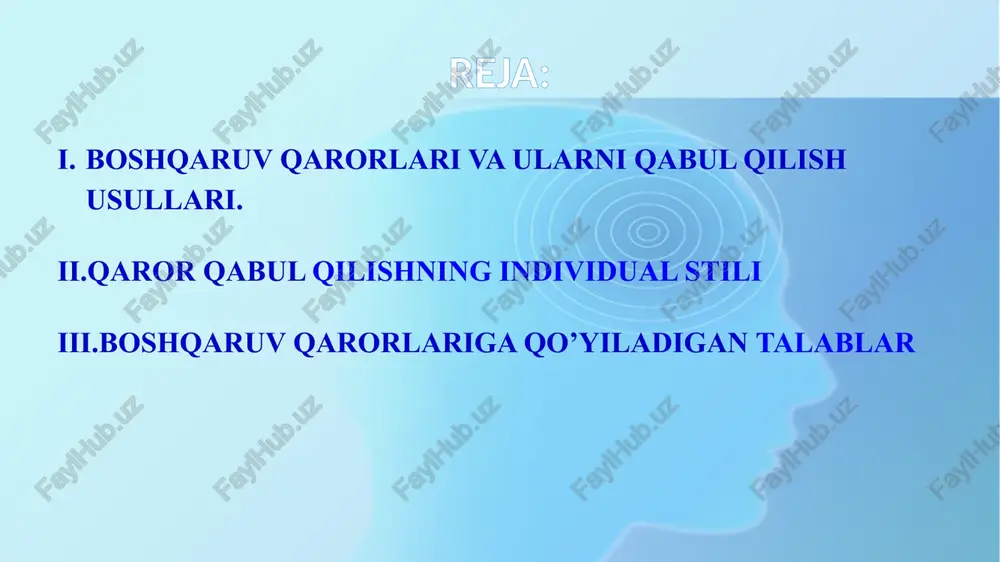 turli xil usullarda olingan ma'lumotlar asosida o'rganiladi. bundan tashqari, samaradorlik mezonlari, ushbu qarorlarning mumkin bo'lgan oqibatlari tanlanadi va oqlanadi. keyinchalik, muammoni yoki vazifani mutaxassislar bilan hal qilishning turli variantlarini muhokama qilish bosqichi keladi. bu jarayonda maqbul qaror qabul qilinadi va shakllantiriladi, ijrochilar uchun qabul qilinadi va ko'rsatiladi boshqaruv qarorlarini qabul qilish usullari har doim mo'ljallangan maqsadlarga erishishga qaratilgan. turli xil bo'lishi mumkin. faqat menejerning sezgisi asosida tuzilgan usul, uning o'zida muayyan, aniq faoliyat sohasidagi tajriba va bilimlar miqdori mavjud. boshqaruv qarorlarini qabul qilish usullari "sog'lom fikr" degan tushunchaga asoslangan uslubsiz tasavvur qilinmaydi. bu holatda boshqaruvchi qarorlarni qabul qiladi va ularni juda izchil dalillar bilan oqlaydi. ilmiy va amaliy yondoshuvga asoslangan usul. u juda ko'p miqdordagi axborotni qayta ishlash va u asosida optimal yechimni tanlashni taklif qiladi. ushbu usul zamonaviy texnologiyalardan majburiy foydalanishni talab qiladi. rahbariyat oldida, har holda, ertami-kechmi, tegishli yechimni tanlash muammosi paydo bo'ladi. rahbar o'ziga o'zi ma'lum bir …