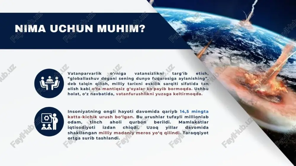 y gilingan boykot bekor gilindi yangi tahrirdagi konstitutsiyaning 44-moddasida majburiy mehnat taqiqlandi ta’lim sifati ijobiy tomonga o‘zgardi vatan taqdiri mamlakatimiz yangi taraqqiyot davriga qadam qo'ygan bugungi kunda xalqimiz, ayniqsa, farzandlarimiz ongida vatanga muhabbat, yurtimiz kelajagiga daxidorlik, tinch, erkin va farovon hayot qadriga yetish tuyg‘usini kuchaytirish lozim. vatanni sevish hissi biz uchun eng tabarruk tuyg‘udir. ota-bobolarimiz, ajdodlarimiz ming yillar davomida yashab kelgan ushbu makon, ro'yi zamin har doim go'zal tabiati, moddiy-ma’naviy boyliklari, mehnatkash xalqi bilan butun dunyoni o'ziga rom etib kelgan. shuning uchun bu zaminga egalik qilish barcha yaqin va uzoq “go‘shnilarimiz"ning orzusi bo‘lgan. buning oqibatida biz milly davlatchilik tariximizning qariyb uchdan bir gismini mustamlakachilikda o'tkazishga majbur bo‘ldik. endi bas. bu ko‘hna tariximizda hassamizni ko‘p bora yo‘gotdik. buning natijasida ota-bobolarimiz, buyuk mutafakkir-allomalarimiz yaratgan tamaddunlarni, millly madanly merosni qo‘ldan boy berdik. bugun ko'hna tariximizni chuqur, teran, xolis o'rganish payti keldi. hozir uning shonli, muvaffaqiyatlar bilan bezangan, ayni paytda uzoq vaqtlar boy berilgan …