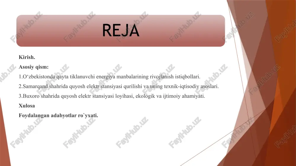 eng joriy etish, jumladan, quyosh elektr stansiyalarini qurish bo‘yicha qator yirik loyihalar amalga oshirilmoqda. o‘zbekiston geografik jihatdan quyosh nurlanishi yuqori bo‘lgan mamlakatlardan biridir. yillik quyosh nurlanishining davomiyligi 2800–3000 soatni tashkil etadi, bu esa quyosh energiyasidan foydalanish uchun nihoyatda qulay sharoit yaratadi. ayniqsa, samarqand va buxoro viloyatlari iqlim sharoitlari jihatidan quyosh energiyasi ishlab chiqarishga eng mos hududlar sirasiga kiradi. shu sababli bu hududlarda quyosh elektr stansiyalarini barpo etish nafaqat energetik, balki iqtisodiy va ekologik ahamiyatga ham ega. kirish samarqand viloyatida 2023–2024 yillarda ishga tushirilgan quyosh elektr stansiyasi o‘zbekiston energetika tizimini diversifikatsiya qilishda muhim qadam bo‘ldi. ushbu loyiha xalqaro hamkorlikda, zamonaviy fotovoltaik panellar asosida amalga oshirilgan bo‘lib, yillik yuzlab million kilovatt-soat elektr energiyasi ishlab chiqarish imkonini beradi. buxoro viloyatida esa hozirda shunga o‘xshash loyiha ustida ish olib borilmoqda. bu stansiyalar mamlakatning janubi-g‘arbiy hududlarini barqaror elektr energiyasi bilan ta’minlashda muhim o‘rin tutadi. quyosh elektr stansiyalarining qurilishi nafaqat iqtisodiy, balki ekologik jihatdan ham foydalidir. …