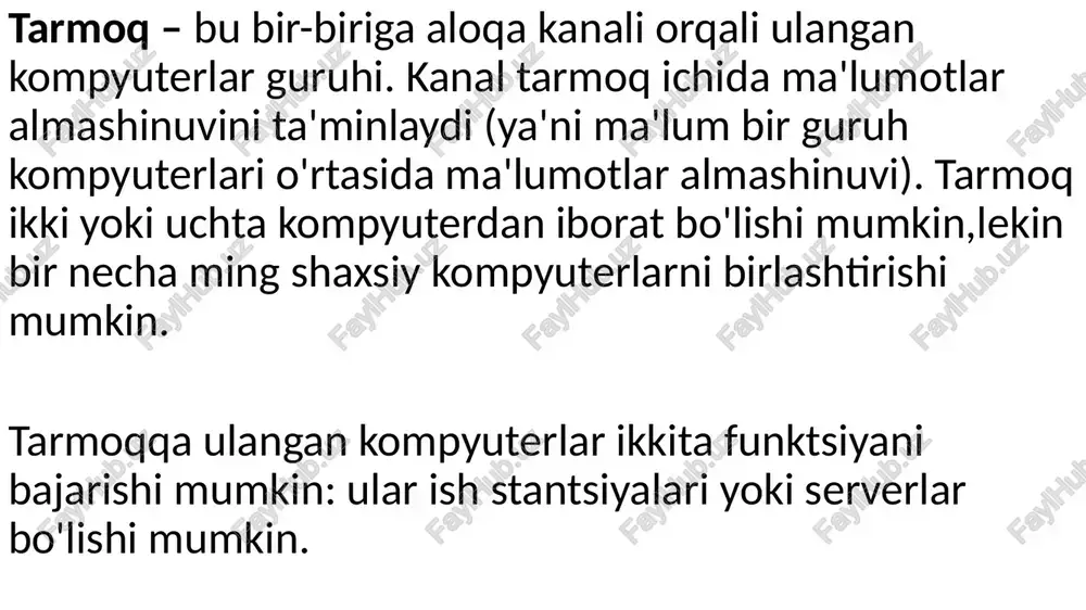 pyuter yoki dastur). - server - ba'zi bir xizmatlarni ko'rsatuvchi ob'ekt (kompyuter yoki dastur). gibrid - bir nechta neyron tarmoqlarni birlashtirib aniq muammolarni hal qilish uchun tarmoqlar. geterogen - shaxsiy kompyuterlar va boshqa qurilmalarni turli xil operatsion tizimlar yoki ma'lumotlarni uzatish protokollari bilan bog'laydigan kompyuter tarmog'i. tarmoq topologiyasi bo'yicha tasnif: "umumiy shina" topologiyasiga ega tarmoqlar; “yulduz" topologiyasiga ega tarmoqlar; “uzuksimon (dumaloq (kol’tso))" topologiyasiga ega tarmoqlar; daraxt topologiyasi tarmoqlari; aralash topologiya tarmoqlari. mahalliy tarmoq topologiyasi kompyuter tarmog'ining topologiyasi (joylashuvi, konfiguratsiyasi, tuzilishi) odatda tarmoqdagi kompyuterlarning bir-biriga nisbatan jismoniy joylashuvi va ularning aloqa liniyalari bilan bog'lanish usuli sifatida tushuniladi.. topologiya jihozga qo'yiladigan talablarni, ishlatiladigan kabel turini, almashinuvni boshqarishning maqbul va eng qulay usullarini, ishonchlilik ish, tarmoqni kengaytirish imkoniyati. uchta asosiy tarmoq topologiyasi mavjud: shina (bus) - barcha kompyuterlar bitta aloqa liniyasiga parallel ravishda ulangan. har bir kompyuterdan olingan ma'lumotlar bir vaqtning o'zida boshqa kompyuterlarga uzatiladi. yulduz (yulduz) - ikkita asosiy turi mavjud: faol …