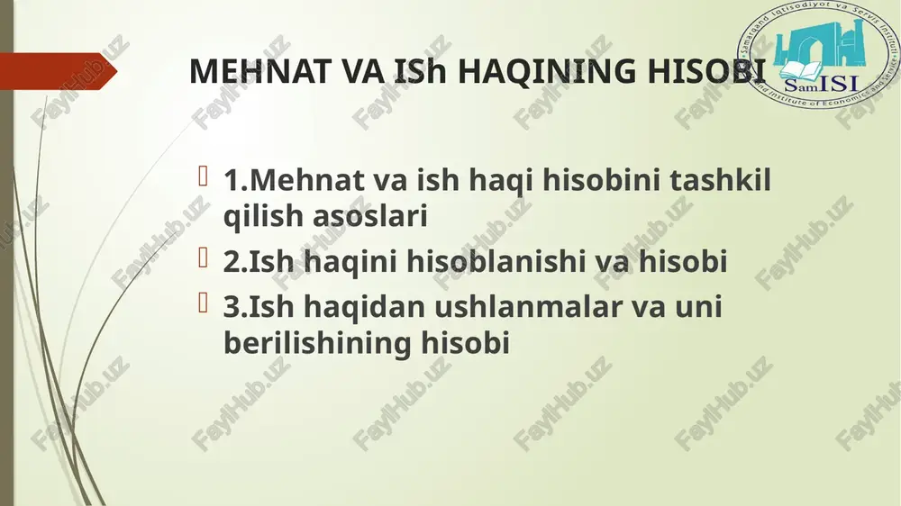 mmasiga bog’liq bo’ladi. ish haqining ushbu shakli ishchilar, quruvchilar, sotuvchilar va boshqa bevosita ish bajaruvchilar uchun qo’llaniladi. asosiy ish haqi deganda xodimning haqiqatda bajargan yoki ishlagan vaqti uchun hisoblangan ish haqi tushuniladi. qo’shimcha ish haqi deganda xodimga uni ijtimoiy himoya qilish maqsadida, shuningdek unga korxona faoliyatida erishilgan yutuqlar, atoqli sanalar, turli shart –sharoitlar uchun asosiy ish haqiga qo’shimcha tarzda hisoblangan to’lovlar tushuniladi. qo’shimcha ish haqiga vaqtinchalik mehnat qobiliyatini yo’qotganlik uchun hisoblangan nafaqalar, mehnat ta’tili haqi, unvon, kategoriya va boshqa ajralib turadigan tavsiflari uchun beriladigan qo’shimchalar, mukofatlar, moddiy yordamlar va kompensasiyalar kiradi mehnatga haq to’lashga asos bo’luvchi me’yoriy hujjatlar: o’zbekiston respublikasi konstitusiyasi o’zbekiston respublikasi mehnat kodeksi o’zbekiston respublikasining aholini ish bilan ta’minlash to’g’risidagi qonuni o’zbekiston respublikasi buxgalteriya hisobi to’g’risidagi qonuni «mahsulot (ish,xizmat) larni ishlab chiqarish va sotish xarajatlarining tarkibi hamda oxirgi moliyaviy natijalarni shakllantirish to’g’risida» nizom o’zbekiston respublikasi soliq kodeksi (2008 yil 1 yanvardan kuchga kirdi). o’zbekiston respublikasi buxgalteriya hisobi milliy …