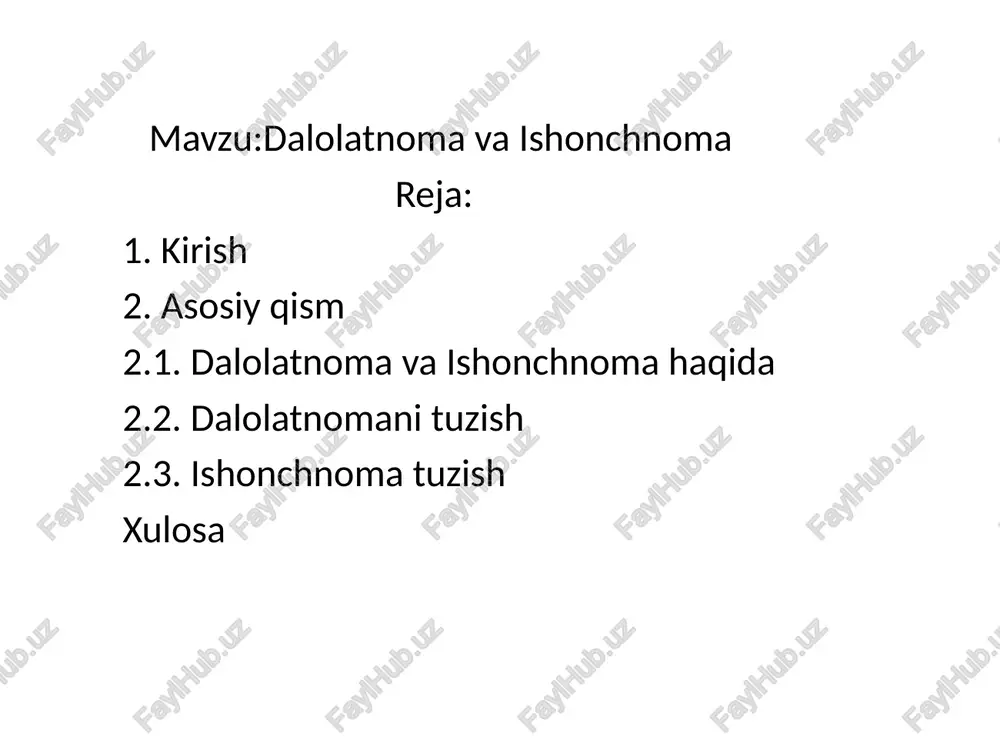 tiladi. dalolatnomalar voqea-hodisalarni haqqoniy aks ettirish maqsadida bir necha shaxslar (muassasa rahbarining buyrug‘i bilan komissiyalar, doimiy komissiyalar) yoki maxsus vakolatli yakka shaxs tomonidan tuziladi. dalolatnoma farmoyish yoki buyruq berishda ma`muriyat uchun asos bo‘lib xizmat qiladi. dalolatnoma quyidagi zaruriy qismlar asosida tuziladi: 1. bosh idora, muassasa va tarkibiy bo‘linma nomi (zarur bo‘lsa). 2. hujjat nomi (dalolatnoma). 3.tuzilgan sanasi va joyi. 4. tartib raqami va tasdiq belgisi. 5. matn sarlavhasi. 6. hujjatni tuzish uchun asos (muassasa rahbarining buyrug‘i, yuqori idoraning qarori yoki ko‘rsatmasi kabilar). 7. komissiya (hay’at) tarkibi (raisi va a`zolari). 8. ishtirok etuvchilar (guvohlar). 9. dalolatnoma matni. 10. ilovalar (har bir ilovaning necha betligi ko‘rsatiladi). 11. dalolatnoma tuzuvchilar va ishtirok etganlarning imzolari. ishonchnoma ishonchnoma - biror muassasa (tashkilot, korxona yoki xo‘jalik) yoki ayrim shaxs o‘z nomidan ish ko‘rish uchun ikkinchi bir shaxsga ishonch bildiradigan yozma vakolatli hujjat. ishonchnomalar o‘z mazmuni jihatidan ikki xil bo‘ladi: xizmat ishonchnomasi, shaxsiy ishonchnoma. xizmat ishonchnomasi davlat …