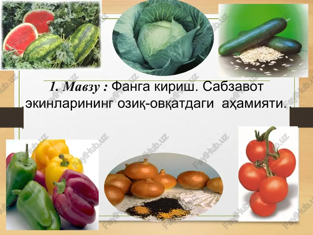 kkabguldoshlar) – salat (qora salat), artishok (bo'ztikan), skortsiner, estragon (sherolchin), tsikoriy (sachratqi), endiviy; 8. toronguldoshlar – shovul, rovoch; 9. labguldoshlar (yasnotkadoshlar) – rayhon, oddiy yalpiz, issop, mayoran, chaber; 10. pechakguldoshlar – batat; 11. piyozguldoshlar (piyozdoshlar) – bosh piyoz, batun, porey, ko'p yarusli, shnit, oltoy, shalot, sarimsoq piyoz; 12. sparjadoshlar – sarsabil; 13. boshoqdoshlar – shirin makkaxo'jori. 14. gulxayridoshlar- bamiya. 5- ilova vizual materiallar 1-slayd sabzavot bu nima? sabzavotchi likni tarixi qanday? sersuv mevasi va etli qismi oziq - ovqatga ishlatiladigan bir yillik, ikki yillik va ko'p yillik o'tchil o'simliklar sabzavotlar deb ataladi. sabzavotchilik dunyo dehqonchiligida eng qadimiy asosiy va etakchi tarmoqlardan hisoblanadi. sabzi, sholg'om, sarimsoq, lavlagi 2 ming, karam, bodring, piyoz kabilar 4 ming yildan beri ekiladi. markaziy osiyoda, ya'ni bizda qovun eramizdan ilgari ham etishtirilgan. sabzavot ekinlari hosildorligini oshirish va tannarxini arzonlashtirish. aholini sabzavot bilan ta'minlashda mavsumiylikni bartaraf etish. sabzavotlar turini ko'paytirish va sifatini yaxshilash. o'zbekiston va jahon sabzavotchiligi …