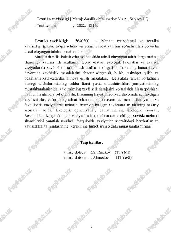 uchun munosib hayot sharoitlarini yaratib berishga qaratilgandir. albatta, munosib hayot sharoitini yaratish ilmiy-texnik taraqqiyot asosida amalga oshiriladi va bu inson mehnatini yengillashtirish bilan bir qatorda, turli xil xavfli faktorlarni vujudga keltiradiki, natijada har xil ko‘rinishdagi baxtsiz hodisalar: jarohatlanishlar, shikastlanishlar va kasb kasalliklari vujudga keladi. lekin, bu muqaddas zaminda yashayotgan har bir inson yaxshi yashashni, ua’ni o‘zining moddiy-ma’naviy va ijtimoiy ehtiyojlarini to‘liqroq qondirishni istaydi. aynan shu sababli inson tinimsiz faoliyatda bo‘ladi. faoliyat – insonning yashashi uchun zarur bo‘lgan asosiy shart-sharoitlardan biridir. mehnat – faoliyatning oliy shaklidir. falsafiy nuqtayi nazardan olib qaraganda, «inson» tushunchasiga eng xos aniqlanish «homo agens», ua’ni «harakatdagi inson»dir. albatta, faoliyat va mehnat shakli turlicha bo‘lib, u hayotdagi ishlab chiqarish, madaniyat, jamoat ishlari, ilmiy ishlar va boshqa sohalardagi amaliy, intellektual hamda ma’naviy jarayonlarni o‘z ichiga oladi. ishlab chiqarishda mehnatni tartibsiz, amaldagi qonun-qoidalar,standartlar va ko‘rsatmalarga amal qilmasdan amalga oshirilishi, nafaqat jarohatlanish yoki shikastlanishni keltirib chiqarishi, balki ayrim hollarda o‘limga ham …