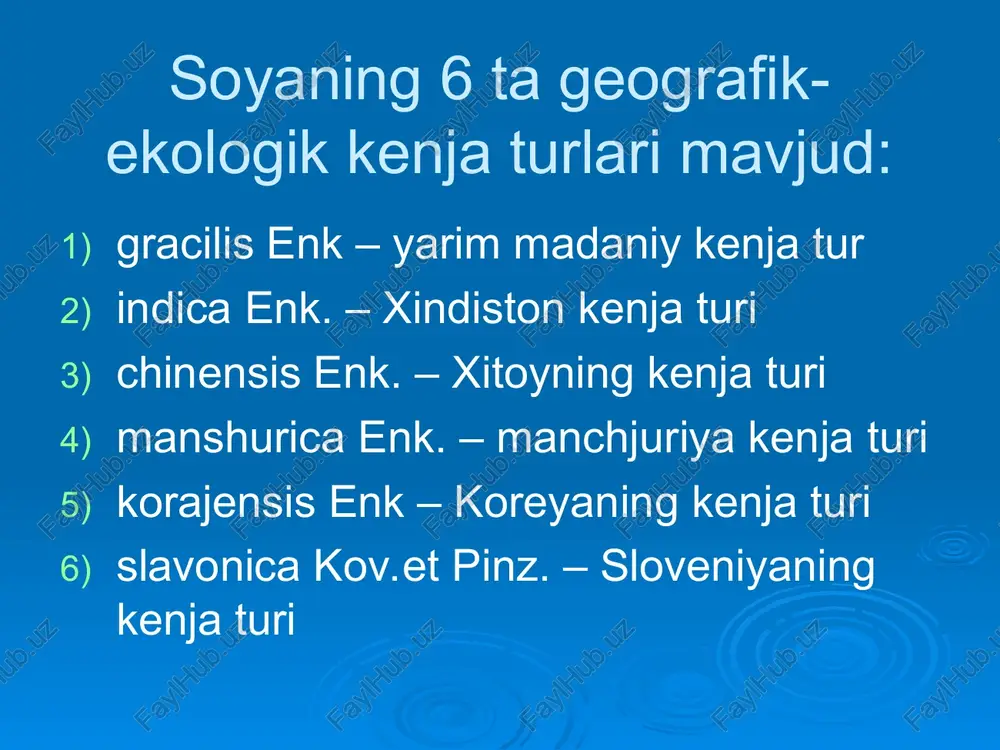2401-2600 kechpishar 161-170 3001-3500 juda kechpishar 170 dan ortiq 3500 dan ortiq nihoyatda kechpishar - - orzu navi tavsifi: o'zbekiston ilmiy tadqiqot sholichilik institutida yakka tanlash yo'li bilan yaratilgan. amal davri 91-100 kun, takroriy ekilganda 76-80 kunda yetiladi. poya balandligi 50-70 sm. 1000 ta donning vazni 120-130 g. to'la yetilganda 75 % barg to'kiladi, mevasi chatnamaydi. sug'oriladigan sharoitda 32 s/ga cha hosil beradi, don tarkibida 25 % moy va 36 - 38 % oqsil mavjud. o'zbekiston-2 navi tavsifi: sholichilik iti olimlari tomonidan yakka tanlash usulida yaratilgan. respublikada 1977 yildan beri ekilmoqda. nav o'rtapishar, amal davri to'la pishish davrigacha 121-130 kun. poyasi sershox, balandligi 75- 80 sm, maksimum 120 sm. sertukli. 1000 ta donni vazni 140-150 g. sug'oriladigan yerlarda 32 - 35 s/ga hosil olinadi. 32 s/ga. don tarkibida 19,2 - 23,4 % moy, 33,6 - 39,3 % oqsil bo'ladi. takroriy ekishda amal davri qisqaradi. «mualliflar; saitkanova r.u., sadikova n.i., kerimkulova …