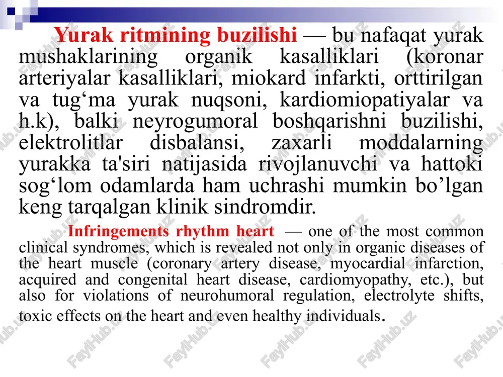 on system of the heart sinus taxikardiyasi – bu sinus ritmi saqlangan xolda yurak qisqarishlari sonining 90dan ko‘payishidir. sinus taxikardiyasi fiziologik va patologik bo‘ladi. sinus tachycardia (st) - the increase in heart rate to 90 beats per minute or more while maintaining the right sinus rhythm. st is due to increase automatism of the sa node. sinus bradikardiyasi - sinus ritmi saqlangan xolda yurak qisqarishlar sonining 60 dan kamayishi. sinus bradikardiyasi ham sinus taxikardiyasi singari fiziologik va patologik bo’lishi mumkin. sinus bradycardia (sb) - is slowing of heart rate below 60 bpm. while maintaining the correct sinus rhythm. sinus bradikardia is due to decrease automatism of the sa-node. sinus aritmiyasi - sinus ritmi saqlangan xolda yurak qisqarishlari sonining noregulyarligidir (r-r ≥0,1). sinus aritmiyasi ham fiziologik (nafas aritmiyasi)va patologik bo’lishi mumkin. sinus arrhythmia (sa) is called the wrong sinus rhythm, characterized by periods of acceleration and deceleration rate. sinus arrhythmia-is caused …
