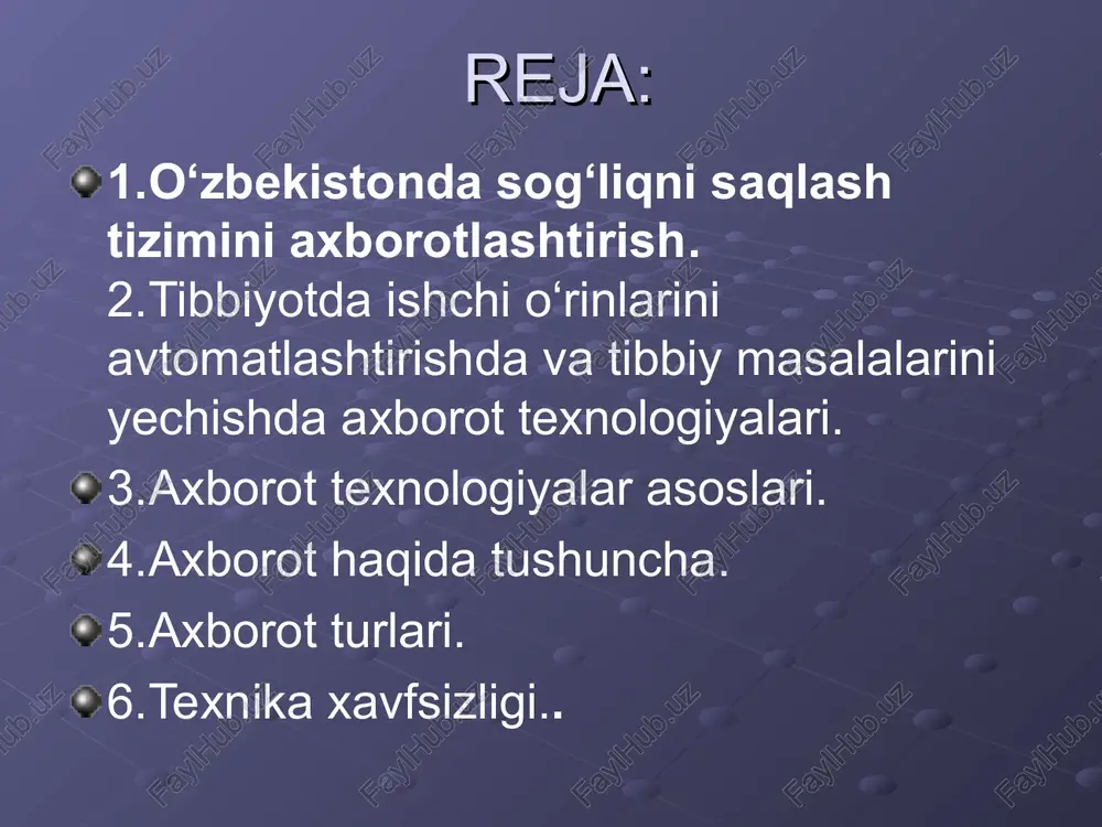 a loyihaoldi hujjatlarini ishlab chiqish; tibbiyot va farmatsevtika sohasida axborot texnologiyasi va kommunikatsiyalari siyosati va standartlarini joriy etish; “elektron sog‘liqni saqlash” axborot tizimlari yagona kompleksini joriy etish va kuzatib borish, shuningdek, ularning boshqa davlat organlari axborot tizimlari bilan integratsiyasini ta’minlash; sog‘liqni saqlash tizimida biznes jarayon va it-reinjiniringini rivojlantirish va ushbu yo‘nalishda xalqaro tajribani amaliyotga tatbiq etish; qo‘yilgan vazifalarni ro‘yobga chiqarish maqsadida investorlar, biznes hamkorlar va autsorsing xizmatlarini jalb qilish; tibbiyot sohasini raqamlashtirish ko‘lamini kengaytirish maqsadida joriy etilayotgan axborot tizimlari va dasturiy mahsulotlarni o‘zida qamrab oluvchi sog‘liqni saqlashning axborot tizimi yagona platformasi (keyingi o‘rinlarda – yagona platforma)ni joriy etish. bunda, “it-med” mchj mustaqil ravishda xo‘jalik va moliyaviy masalalarni hal qilishi inobatga olinsin. 3. quyidagilar “it-med” mchjning faoliyatini asosiy moliyalashtirish manbalari etib belgilansin: yangi axborot tizimlarini joriy qilish, shuningdek, korxona, muassasa va tashkilotlarga xizmat ko‘rsatishdan tushadigan mablag‘lar; “it-med” mchjning ustav jamg‘armasiga belgilangan tartibda kiritiladigan investorlar mablag‘lari; xalqaro moliya institutlari va tashkilotlari grantlari; …