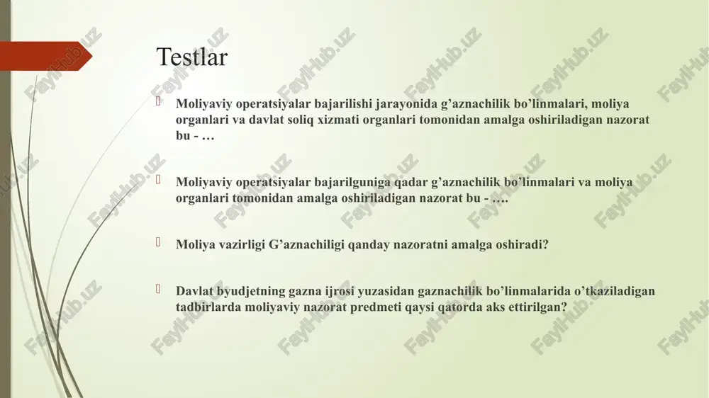 qligi davlat moliyaviy nazorati: respublika darajasida — o’zbekiston respublikasi respublika budjetining, davlat maqsadli jamg’armalari budjetlarining va respublika budjetidan moliyalashtiriladigan budjet tashkilotlari budjetdan tashqari jamg’armalarining shakllantirilishi hamda ijro etilishi ustidan; mahalliy darajada — qoraqalpog’iston respublikasi budjetining, viloyatlar va toshkent shahar mahalliy budjetlarining, qoraqalpog’iston respublikasi budjetidan, viloyatlar va toshkent shahar mahalliy budjetlaridan moliyalashtiriladigan budjet tashkilotlari budjetdan tashqari jamg’armalarining shakllantirilishi hamda ijro etilishi ustidan amalga oshiriladi. budjet ijrosi jarayonida nazoratning maqsadi – budjet ijrosini amalga oshirish va natijalarini shakllantirishni xaqqoniyligini aniqlash va tahliliy axborotlarni shakllantirishdan iborat bo’lib quyidagi vazfilarni o’z ichiga oladi: budjet daromadlari va xarajatlarining rejalashtirilishi hamda uning ma’lumotlari xaqqoniyligini aniqlash budjet ijrosi jarayonida muomalalarni to’liq va to’g’ri xujjatlashtirilishini aniqlash davlat maqsadli jamg’armalari budjeti daromadlari va xarajtlarini rejalashtirish hamda uni ma’lumotlarini xaqqoniyligini aniqlash budjet ijrosi jarayonida buxgalteriya hisob hisobvaraqlarini yuritilish holati va harakatini to’g’riligini aniqlash budjet tashkilotlarida daromadlar va xarajatlar smetalari ijrosini amalga oshirilishi va natijalarni shakllantirilishi to’g’riligini tekshirish va boshqalar budjet …