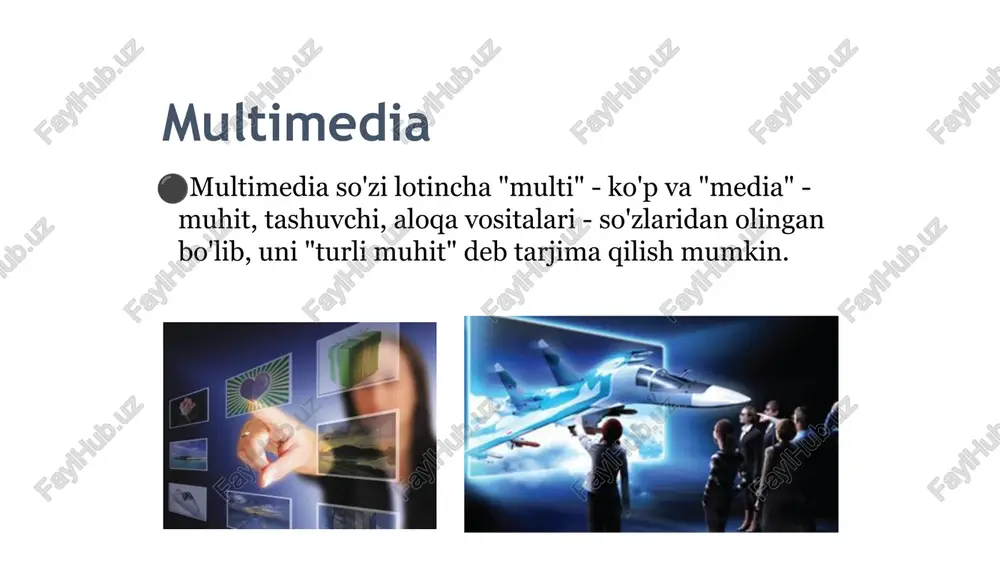 ino tasvir effekti video kadrlar tezligi sekundiga 16 kvadratdan ortiq bo'lganda paydo bo'ladi. gif animatsiyasi - bitta gif faylida saqlangan bitmaplarning belgilangan chastotasida ketma-ket ko'rsatish. video video- bu atama monitorlarda vizual va audiovizual materiallarni yozib olish, qayta ishlash, uzatish, saqlash va takrorlash texnologiyalarining keng doirasi sifatida tushuniladi. kundalik hayotda "video" deganda ular odatda video materialni, televizor signalini yoki jismoniy vositada (video kasseta, video disk va boshqalar) yozilgan filmni nazarda tutadi. video signalining xususiyatlari: kadrlar soniyasiga o’lchami ekran nisbati ranglar soni va rang o'lchamlari bit tezligi yoki video oqimining kengligi audio va video ma'lumotlar va uning xususiyatlari kompyuter multimedia texnologiyalari raqamli audio va video yozuvlarni yaratish va ijro etish vositalaridir. uskuna ovoz kartasi, dinamiklar, mikrofon, cd-rom, dvd-rom disklari media vositalari dasturiy ta'minot qurilma drayverlari va audio va video tinglash dasturlari multimedia axborot tashuvchilari cd, dvd kompyuter texnologiyalarining murakkabligi va butun ish jarayonini boshqarish qulayligi multimedia mahsulotlarini tayyorlashda kompyuterdan foydalanishni ajralmas holga …