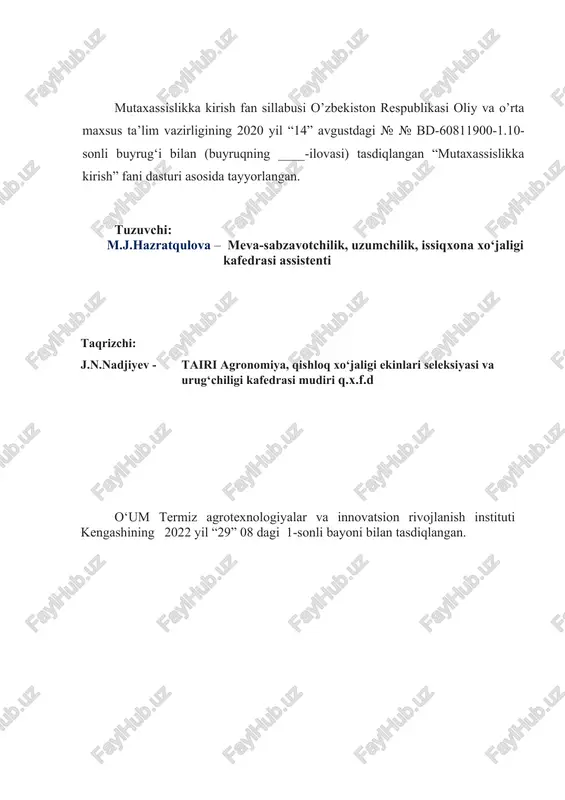 ishish 14 10-mavzu: sabzavot ekinlarining botanik ta’rifi, morfologik va biologik xususiyatlari 15 11-mavzu: sabzavot ekinlarining kelib chiqqan makonlari va ularning o’sish va rivojlanish xususiyatlari 16 12-mavzu: himoyalangan yer sabzavotchiligini hozirgi ahvoli va rivojlvnishi. 17 13-mavzu: sabzavot ko‘chatlarini yetishtirish usullari va ularni afzalliklari 18 14-mavzu: kam tarqalgan sabzavotlarni yetishtirish xususiyatlari 19 v-bo’lim. amaliy mashg‘ulotlari uchun uslubiy ko’rsatmalar. 20 1-amaliy mashg‘ulot. faning maqsadi va vazifasi va bilan tanishish 21 2- amaliy mashg‘ulot. sohaning rivojlanish tarixi va hozirgi istiqboli 22 3- amaliy mashg‘ulot. sohaga oid me’yoriy xujjatlar. qonun, farmon va farmoyishlar bilan tanishish. 23 4- amaliy mashg‘ulot. oziq-ovqat xavfsizligini ta’minlashda sohani o‘rganish. 24 5- amaliy mashg‘ulot. o‘zbekistonda hamda chet davlatlarda sabzavotchilikning o‘rni va ahamiyati 25 6- amaliy mashg‘ulot. kredit modul tizimini o`rganish 26 7- amaliy mashg‘ulot. hemis dasturida ishlashni o`rganish 27 8- amaliy mashg‘ulot. ilmiy tadqiqot ishlarini olib borish va tadqiqotchilikni o‘rganish 28 9- amaliy mashg‘ulot. klaster va fermer xo`jaliklari faoliyati bilan tanishish …