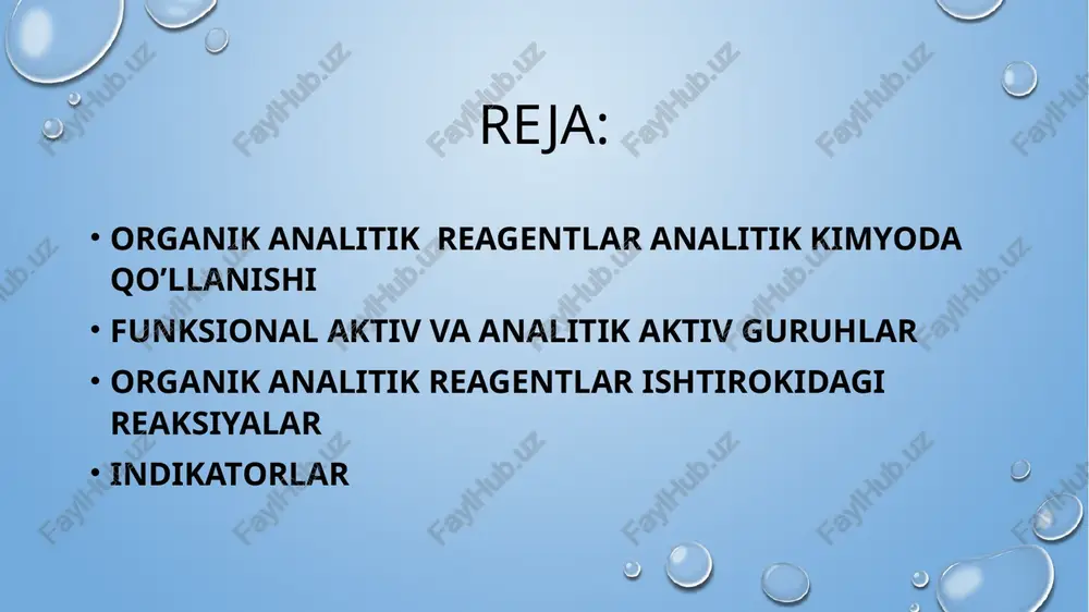 skorbin kislotalari) sifatida qo’llaniladi. organik analitik reagentlar funksional aktiv guruh (fag) bevosita analitk kimyoviy reaksiyaga kirishish qobiliyatiga ega bo’lgan atom yoki atomlar guruhi 100 dan ortiq -oh; >c=o; -cooh; -nh2; =nh; =n-; -no2; -sh; -s-; -s-s-; >s=o analitik aktiv guruh (aag) fag ni analitik effektini kuchaytiradi, metal atomi bilan koordinatsion bog’ hosil qilmaydi -oh; -cooh; -nh2; =nh; =n-; -no2; -sh; -s-; -s-s-; >s=o >c=o; -n=n- nh-nh- -n=o >c=n-oh dimetilglioksim reagentining nikel kationi bilan hosil qilgan kompleksi 1-nitrozo-2-naftolning cobalt(iii) bilan hosil qilgan kompleksi 8-gidroksixinolinning al(iii) bilan hosil qilgan kompleksi cho’ktiruvchio sifaftida qo’llaniladigan organik reagentlar 2 xil bo’ladi: 1) ion xarakterga ega bo’lmagan cho’kma hosil qilib, metal ioni bilan xelat hosil qiluvchi oar. masalan, 8-gidroksixinolin, dimetilglioksim, 1-nitrozo-2-naftol 2) kam eruvchan cho’kma hosil qilib, kompleks tarkibida noorganik ion bilan oar oralida ion bog’ bo’ladigan oar kiradi. masalan, benzidin (so42-), tertrafenilboratnatriy (k+, rb+, cs+, nh4+) 8-oksixinolinning turli ph qiymatlarida turlicha ionlarni cho’ktira olish jadvali …
